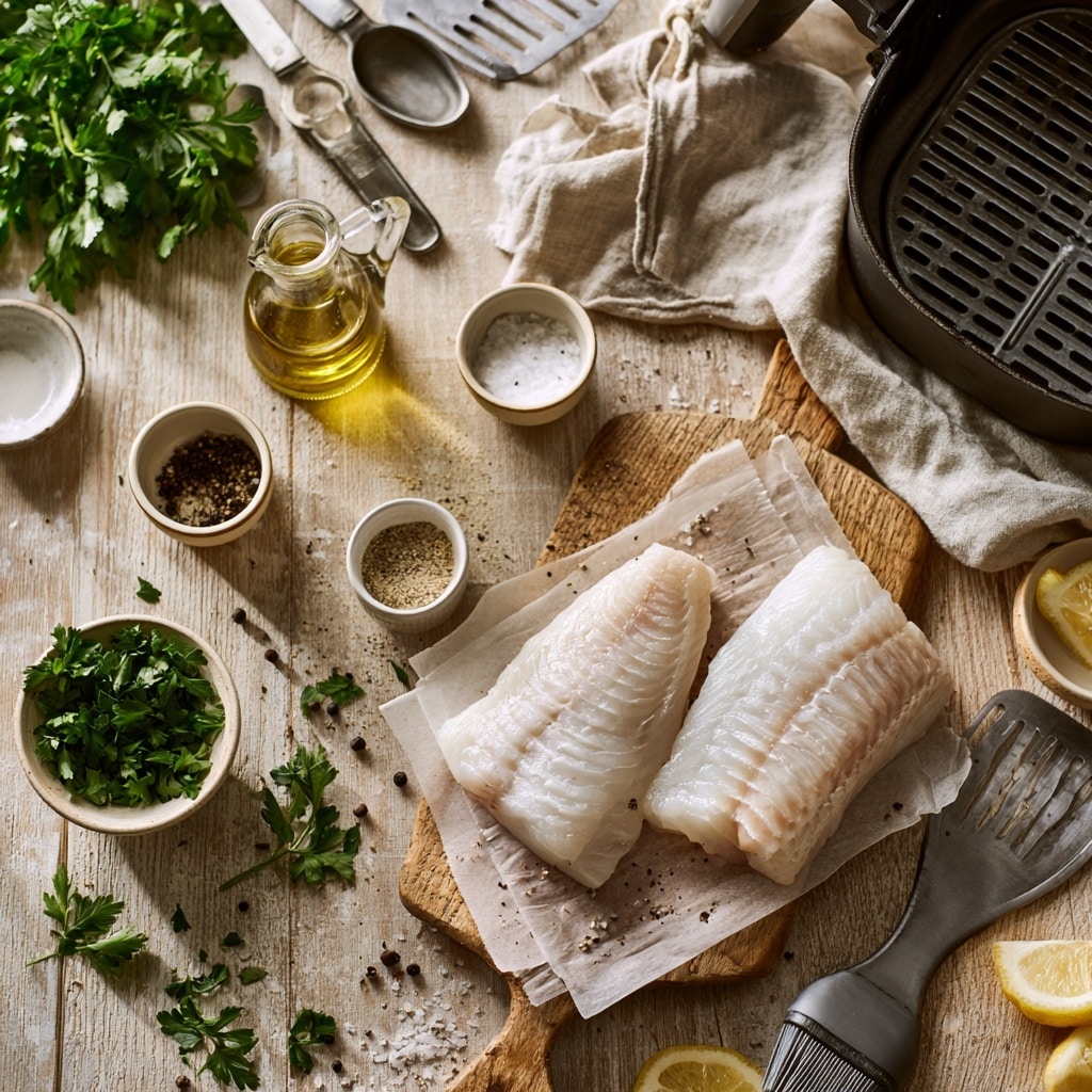 The image shows four photos arranged in a 2x2 grid with labels A, B, C, and D. Photo A has a white scalloped bowl filled with yellow oil mixed with black specks of seasoning, a silver spoon resting inside. Photo B displays two cooked white fish fillets with a light yellow oily glaze and black pepper on top, placed side by side on a white plate with a thin brown rim, all on a white marbled surface. Photos C and D each feature two seasoned fish fillets inside a black air fryer basket on the same white marbled surface; in C, the fillets look raw with a shiny oily layer and pepper, while in D, the fillets appear cooked, showing a soft white texture with some light flaking and pepper specks. Photo taken with an iphone --ar 4:5 --v 7