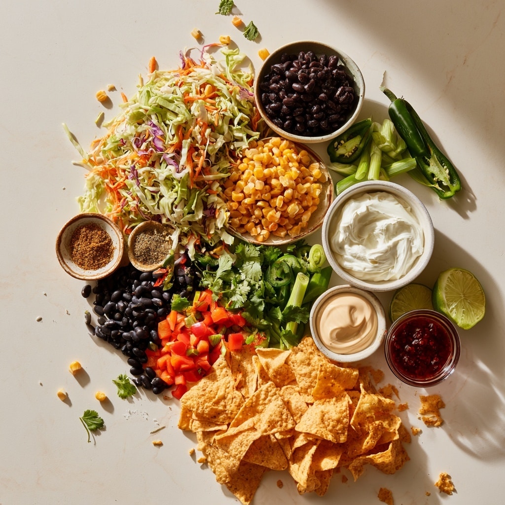 A large clear glass bowl filled with a colorful vegetable salad made of shredded white cabbage, purple cabbage, orange carrot slices, yellow corn, and black beans mixed with chopped green herbs and onion. A thick, creamy white sauce is being poured into the center of the salad from a glass jug. The bowl sits on a surface with a white marbled texture. photo taken with an iphone --ar 4:5 --v 7