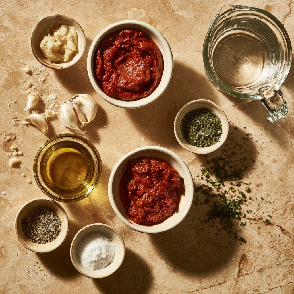 A clear glass bowl sits on a white marbled surface, filled with a thick red base layer of tomato paste. On top, there are five smaller layers of seasonings arranged in a loose cluster: white granulated salt on the left, coarse black pepper at the top center, green dried herbs in the middle, more white salt on the right, and finely chopped pale yellow garlic at the bottom. Around the bowl, there is a small clear container of golden olive oil at the top right and a blue-tinted glass of water at the bottom right, along with a brass whisk on the left edge of the frame. Photo taken with an iphone --ar 4:5 --v 7