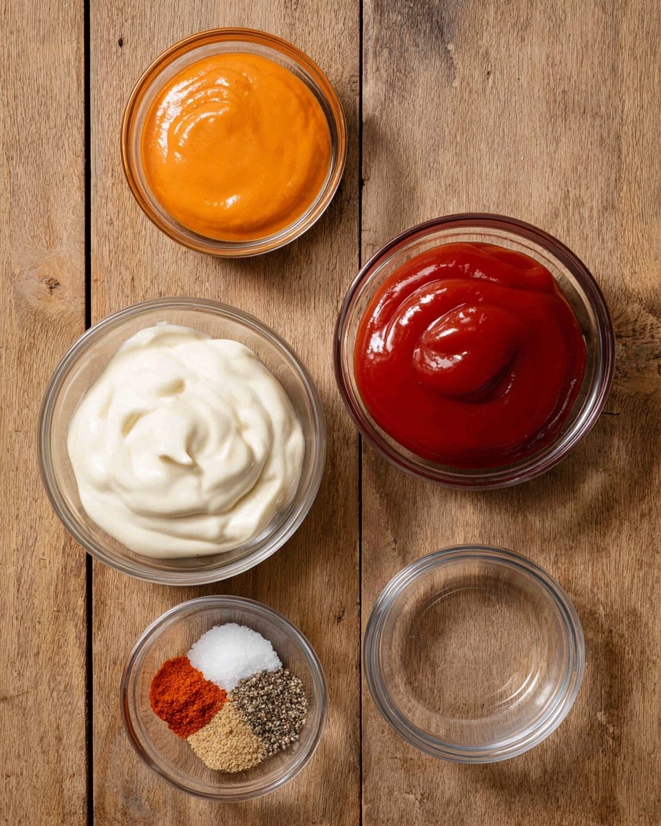 Four clear glass bowls are placed on a wooden surface. The largest bowl at the bottom left contains two layers: a creamy white layer of mayonnaise and a thick bright red layer of ketchup on top, slightly overlapping. To the top left is a small bowl with a smooth orange sauce that looks slightly thin. Above the large bowl is a small bowl with four spices neatly separated into small piles: white salt, black pepper, white salt again, and a reddish-orange spice. To the right of the large bowl is an empty small bowl. Photo taken with an iphone --ar 4:5 --v 7