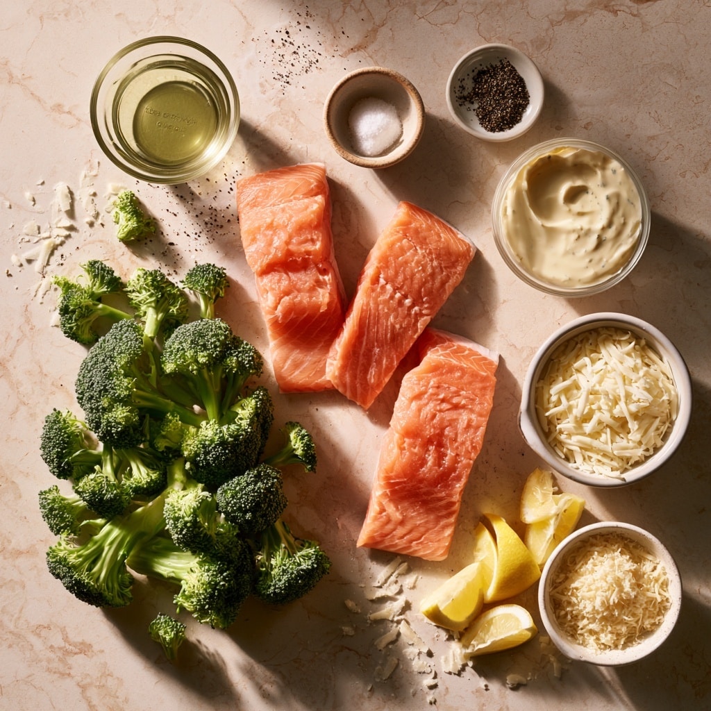 The image shows a metal baking tray filled with fresh broccoli florets and four fish fillets arranged in a grid pattern, surrounded by the broccoli. In the first section, the fillets are raw and orange-colored with black pepper sprinkled on top, and the broccoli is bright green. In the second section, the fillets are coated with a thick, white sauce, while the broccoli remains the same green and fresh. In the third section, shredded white cheese is spread evenly over the sauce-covered fillets and sprinkled lightly on the broccoli, creating a mix of green, white, and orange colors. The tray is placed on a white marbled surface. photo taken with an iphone --ar 4:5 --v 7