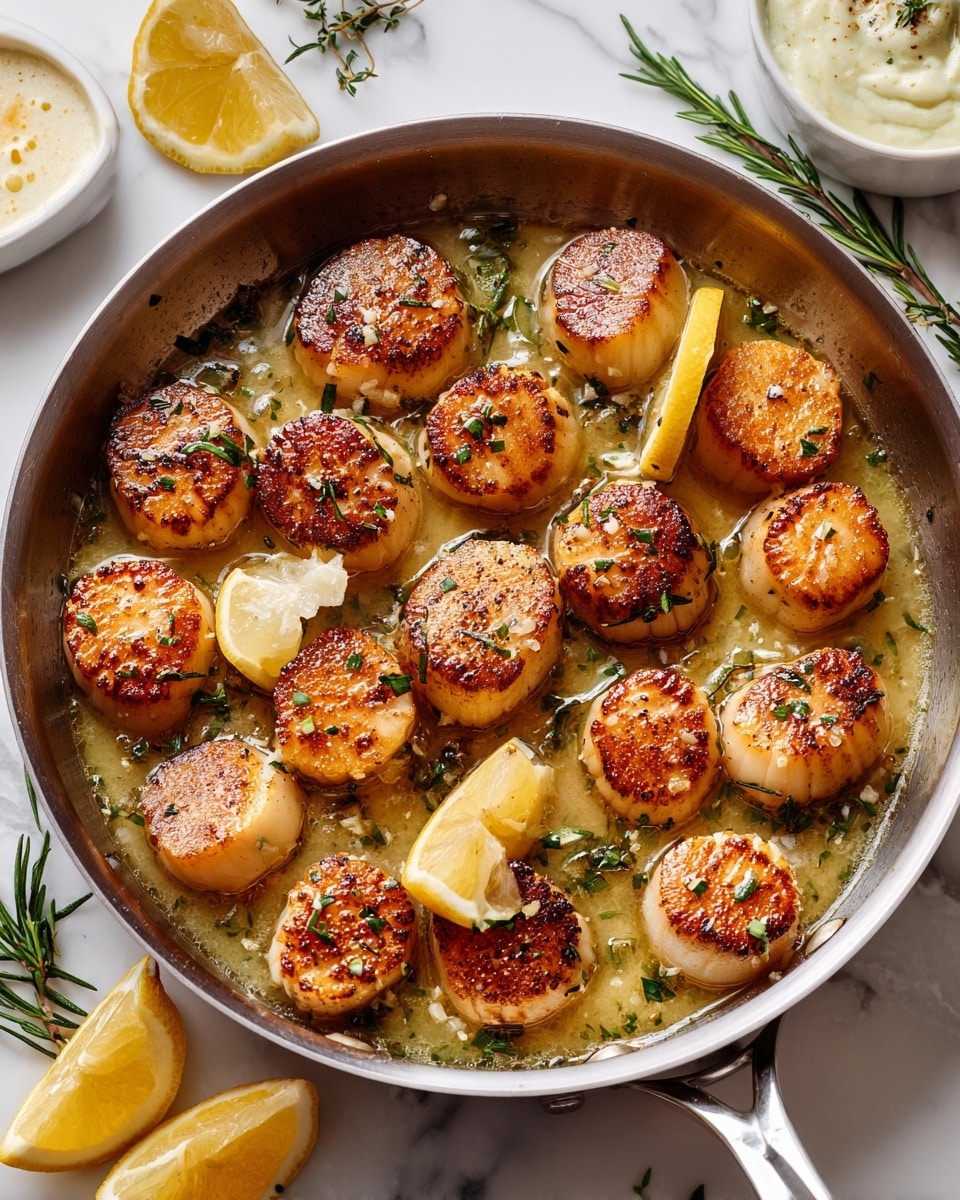 A white plate filled with two layers of golden-brown seared scallops, each scallop showing a caramelized crust and sprinkled with small green herb pieces. The scallops sit in a light orange sauce with visible garlic and herbs mixed in. A woman's hand is seen squeezing a bright yellow lemon wedge directly over the scallops. The background features a white marbled surface. photo taken with an iphone --ar 4:5 --v 7
