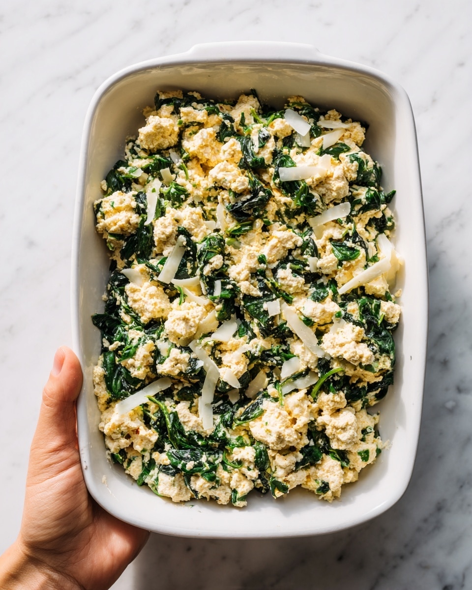 A white rectangular dish filled with a mixture that looks like three layers combined: the bottom layer is crumbled light beige tofu, mixed with dark green cooked spinach, and thin white strips of cheese scattered evenly throughout. The dish is held by a woman's hand on the right side, resting on a white marbled surface. The whole mixture looks slightly moist and crumbly, with a mix of soft and fibrous textures visible. Photo taken with an iphone --ar 4:5 --v 7