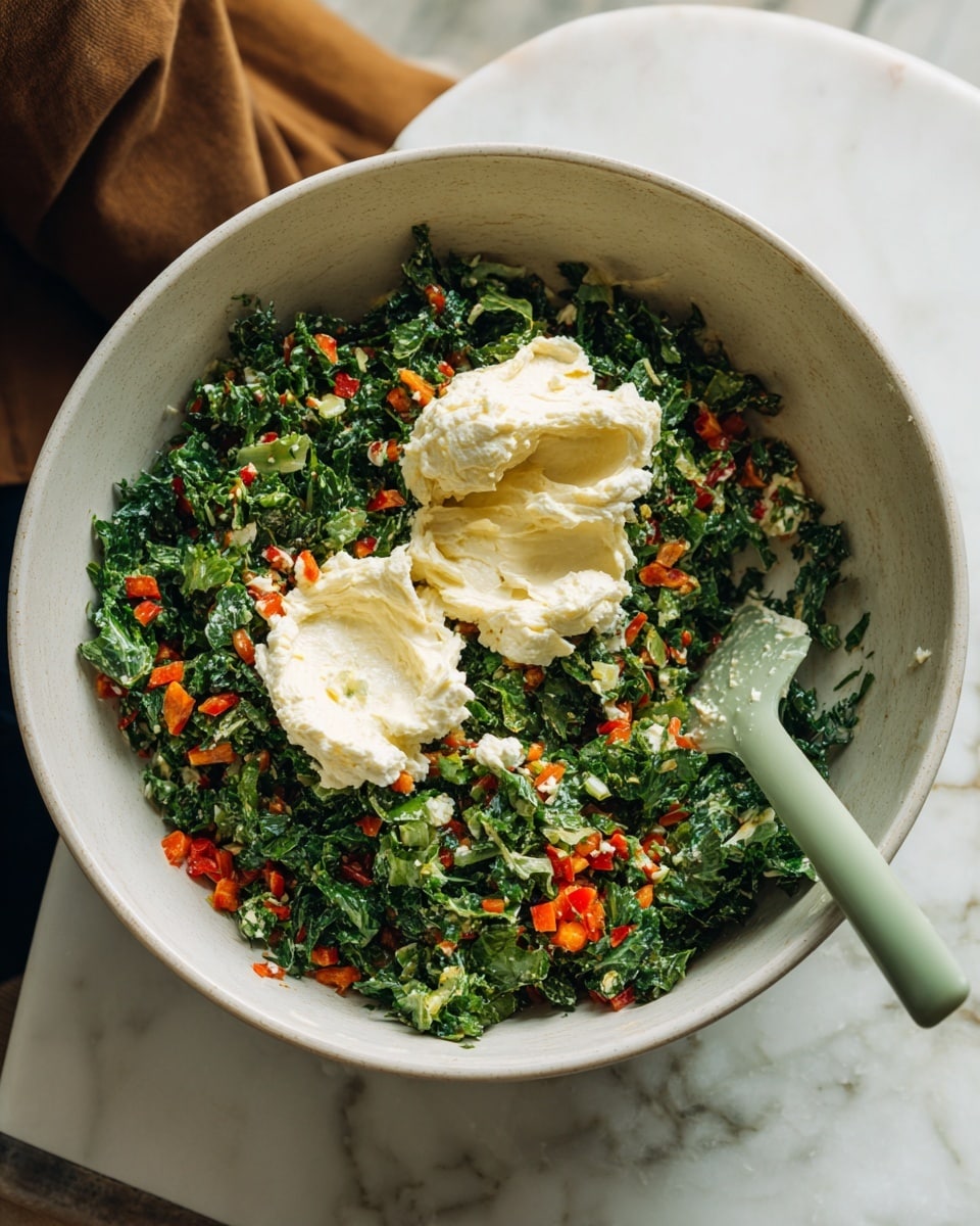 A large white bowl sits on a white marbled surface, filled with three main layers of ingredients. At the bottom, there is a mix of finely chopped green leafy vegetables and small pieces of bright red chopped peppers scattered across the greens. On top of these colorful greens, there are two dollops of creamy, off-white spread placed near the center. A light green silicone spatula rests inside the bowl, leaning on the edge with some of the creamy spread on its surface. The background shows part of a person wearing a brown garment. photo taken with an iphone --ar 4:5 --v 7