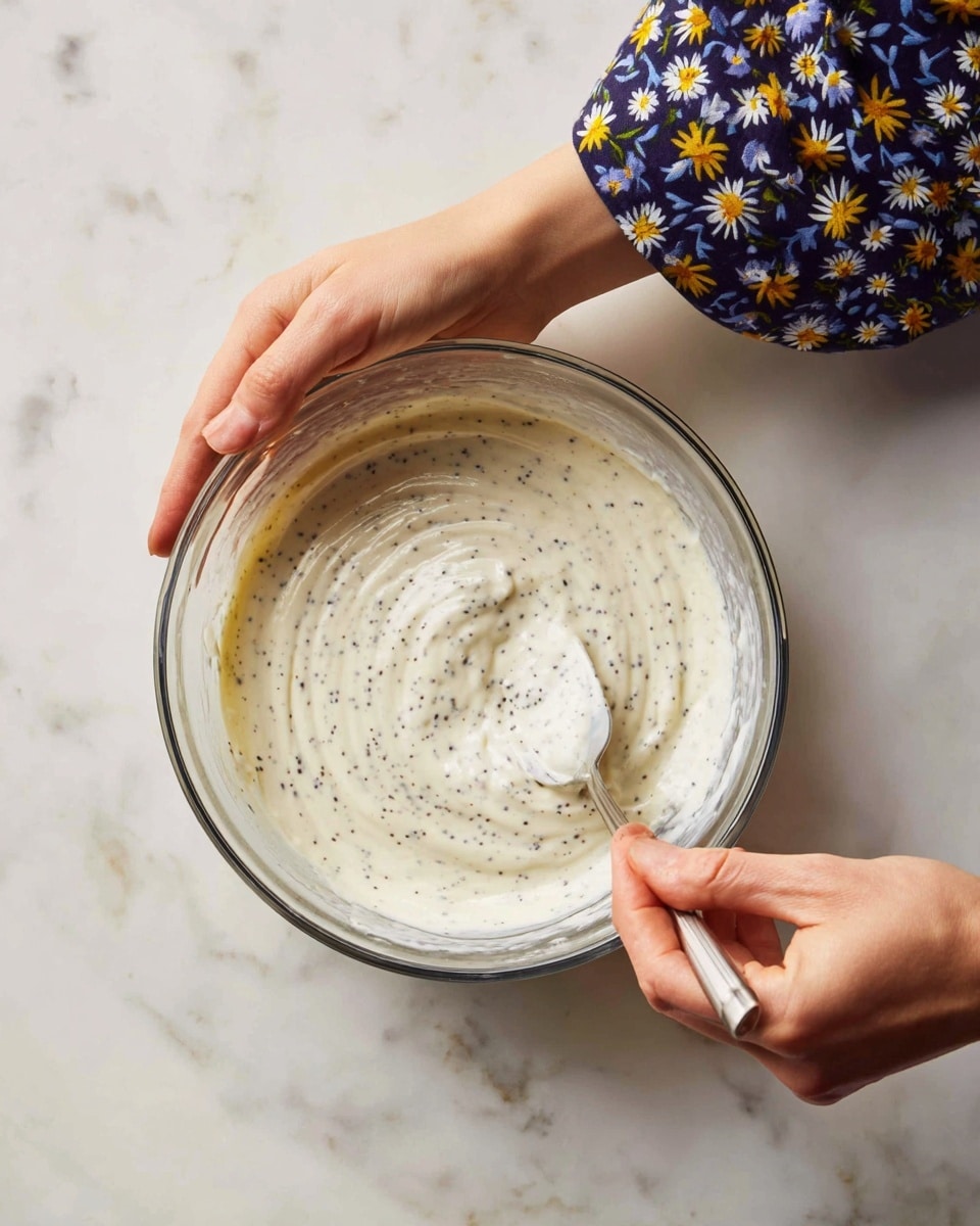 A clear glass bowl with white creamy mixture and small black seeds inside is being stirred by a woman's hand holding a spatula. Another woman's hand is steadying the bowl on a white marbled surface. The background shows a person wearing a dark blue shirt with a white and yellow floral pattern. The mixture looks smooth with tiny floating seeds mixed evenly throughout. Photo taken with an iphone --ar 4:5 --v 7