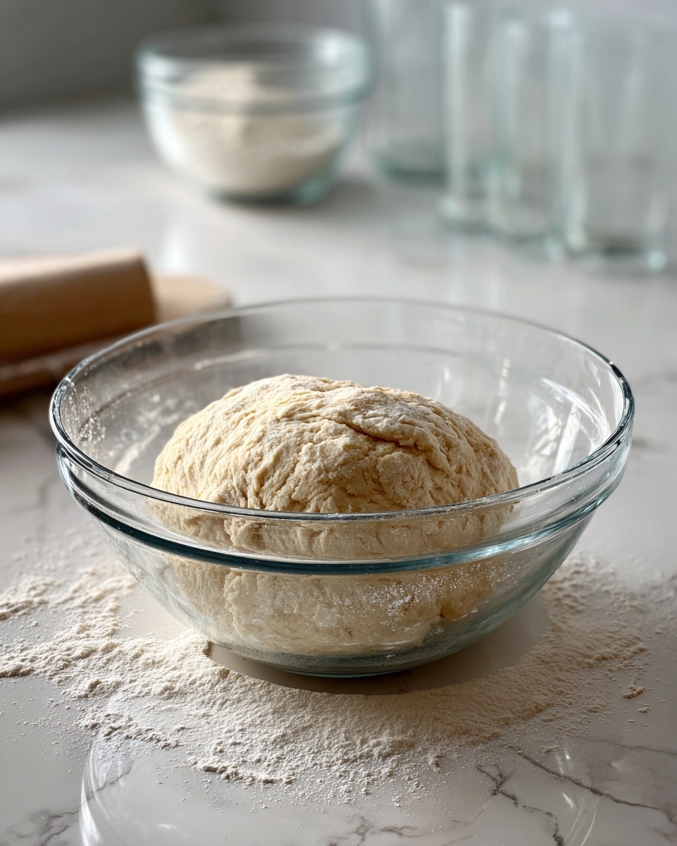 A clear glass bowl filled with a single ball of light beige dough resting at the bottom; the dough has a rough and soft texture with some flour dusted inside the bowl. The bowl is placed on a white marbled surface, slightly reflecting light. In the background, there are blurred transparent glass containers. The photo taken with an iphone --ar 4:5 --v 7