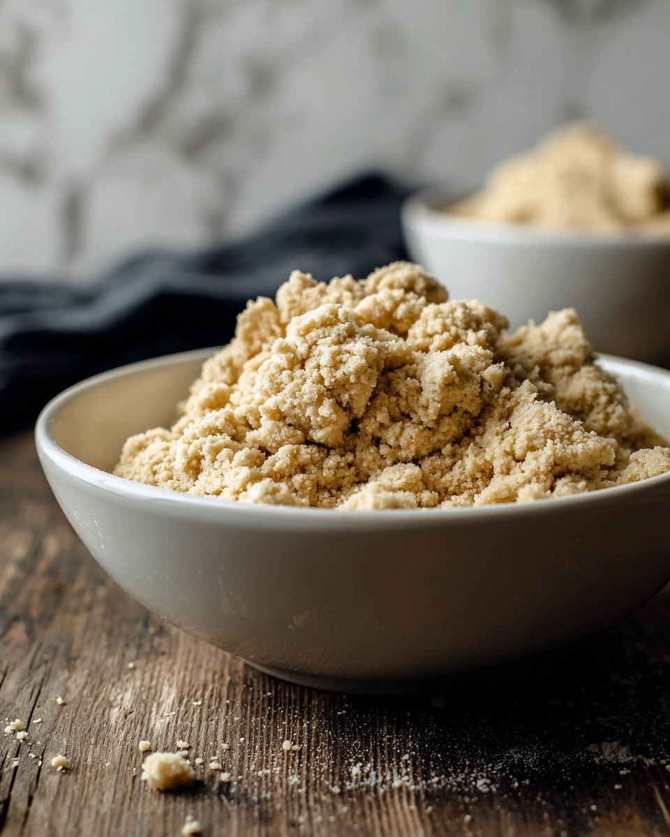 A large white bowl holds a crumbly light tan dough that looks soft and clumpy with small uneven pieces spread around, sitting on a dark textured wooden surface with another bowl blurred in the background, all against a white marbled texture photo taken with an iphone --ar 4:5 --v 7
