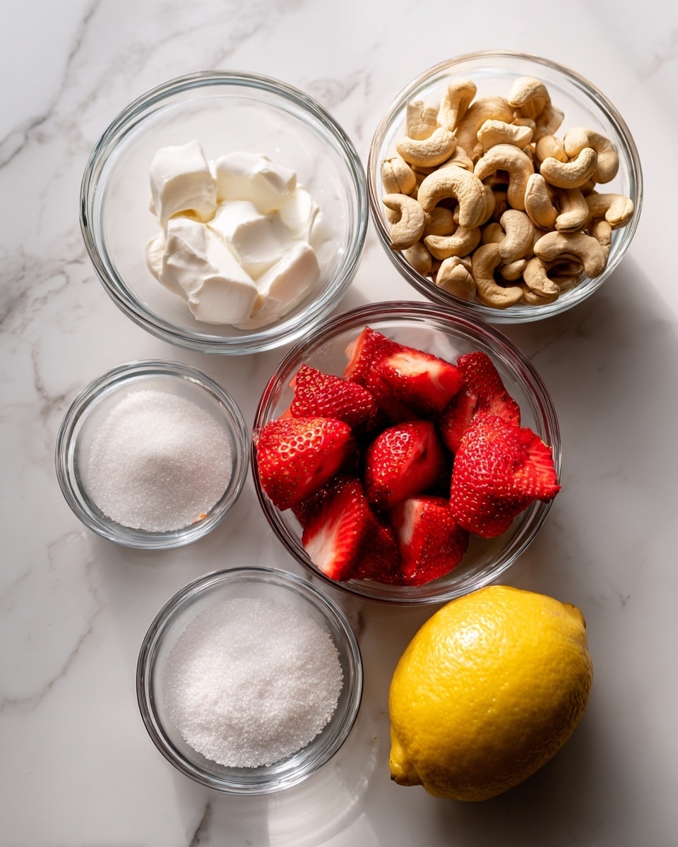 The image shows six food items on a white marbled surface. There are five clear glass bowls and one whole yellow lemon. From left to right, the first bowl contains a white creamy substance with a soft texture. The second bowl holds light brown cashew nuts, piled high. The third bowl has bright red strawberries, some whole and some sliced in half, revealing their seeds and juicy red inside. The fourth bowl is filled with white granulated sugar, and the fifth bowl holds a smaller amount of white powder, possibly salt. The whole lemon is placed in front of the bowls, showing its yellow, slightly textured skin. photo taken with an iphone --ar 4:5 --v 7