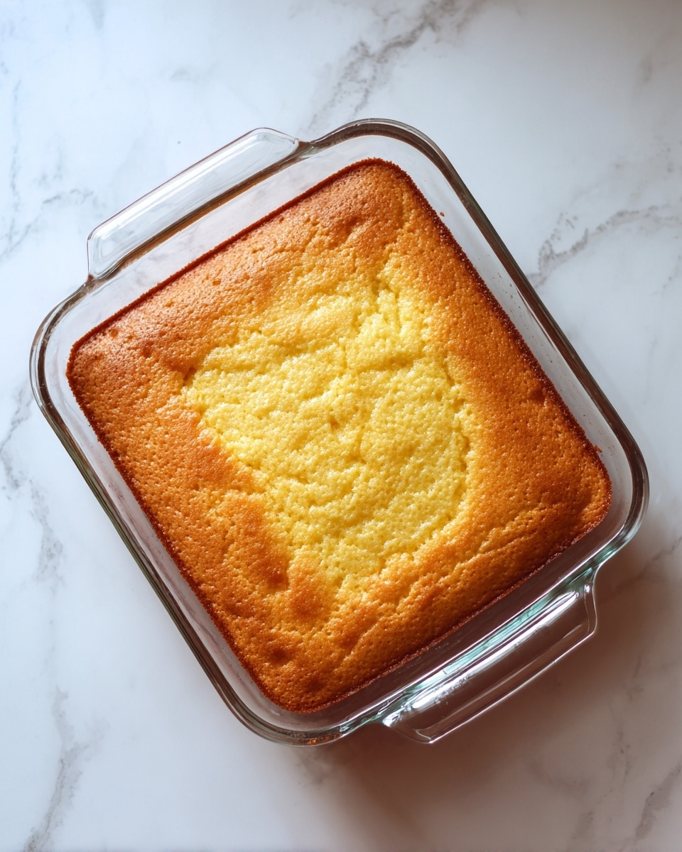 A single thick, light golden baked layer with a smooth but slightly cracked and textured surface sits in a clear glass square baking dish, showing a soft and dense texture. The dish is placed on a white marbled surface, giving a clean and simple look. The edges of the baked item are slightly rounded and touch the sides of the glass dish. photo taken with an iphone --ar 4:5 --v 7