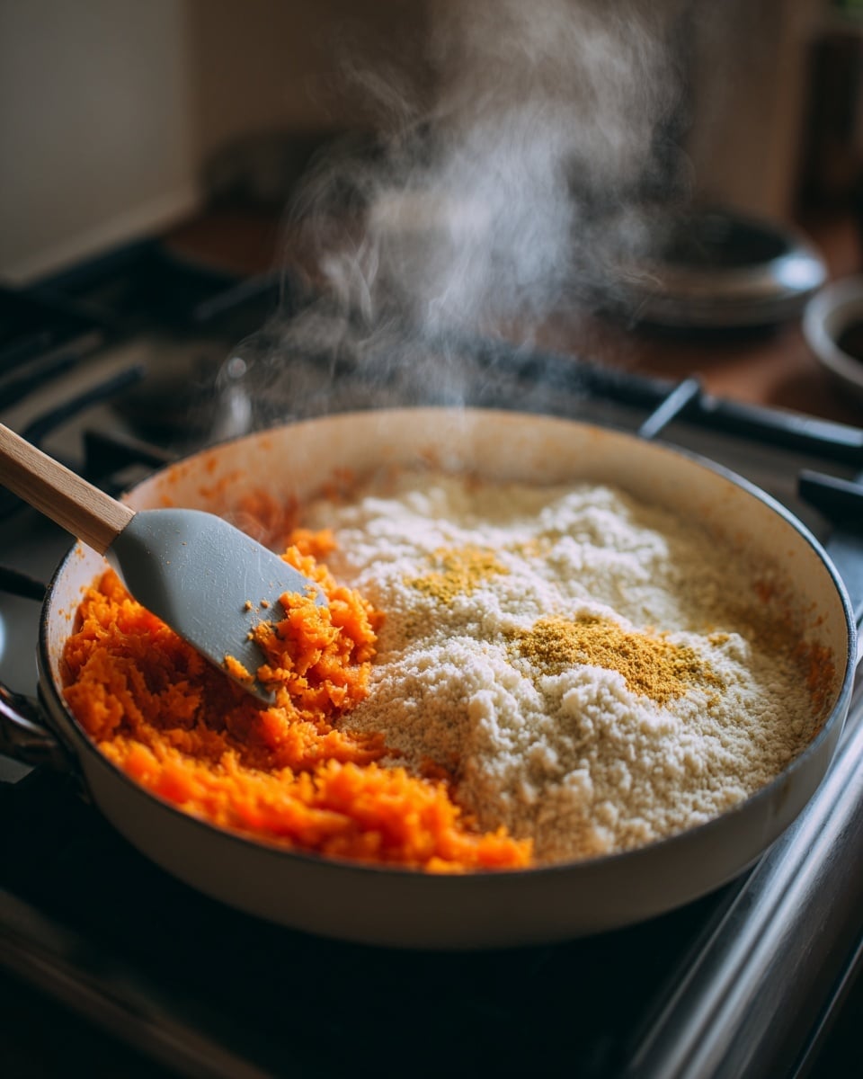 A white pan on a stove holds a cooking mixture with two main layers: the bottom layer is bright orange mashed carrots filling the pan, and the top layer is a heap of white and light beige flour sprinkled over the carrots, with some yellow spice on top. A gray spatula is inside the pan on the left side, with some orange mash stuck to it. Steam rises gently from the pan, showing the food is hot. The stove and surrounding area have a subtle, blurred background with soft lighting. Photo taken with an iphone --ar 4:5 --v 7