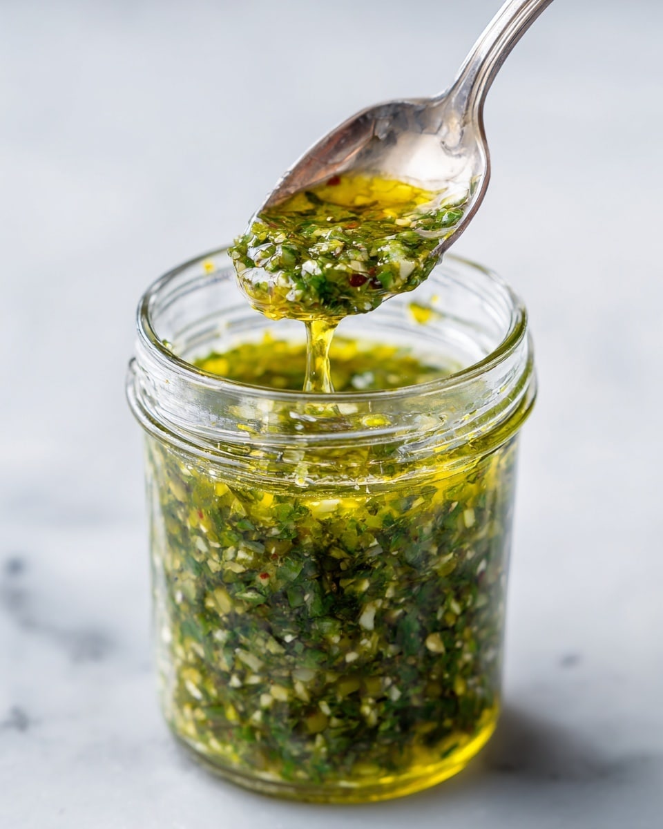 A tall clear glass jar is filled with a green sauce that has a slightly chunky texture with small bits of herbs visible throughout. A silver spoon is dipped into the sauce, with part of the spoon resting against the inner rim of the jar. The top layer of the sauce is slightly oily, giving it a shiny appearance. The jar is placed on a white marbled surface, and a blurred woman's hand is visible holding the spoon on the right side of the image. Photo taken with an iphone --ar 4:5 --v 7