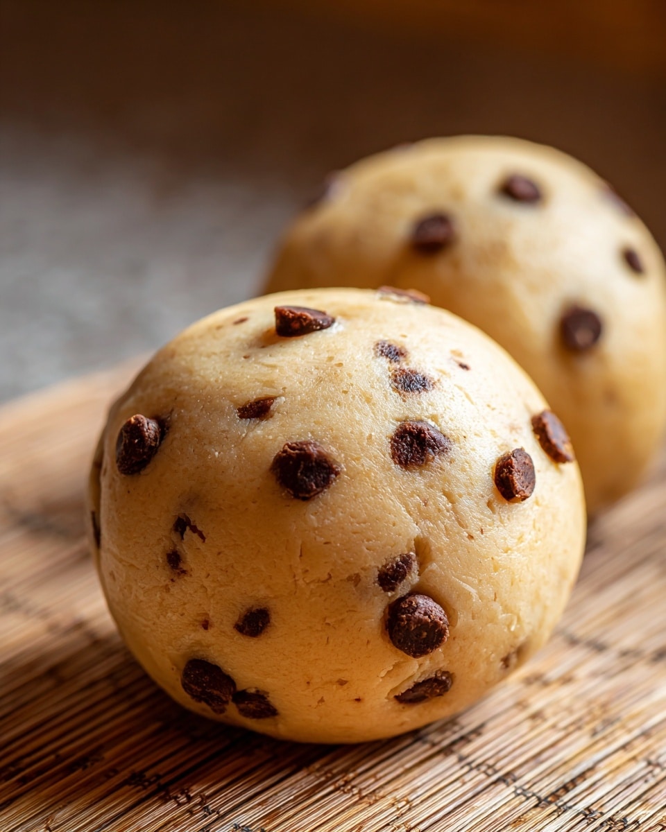 The image shows two round dough balls with visible chocolate chips inside them. The dough is light brown, smooth, and slightly shiny, with a soft texture. The dough balls are placed on a flat surface with a woven pattern. The front dough ball is in clear focus, while the back one is blurred, showing a simple arrangement. photo taken with an iphone --ar 4:5 --v 7
