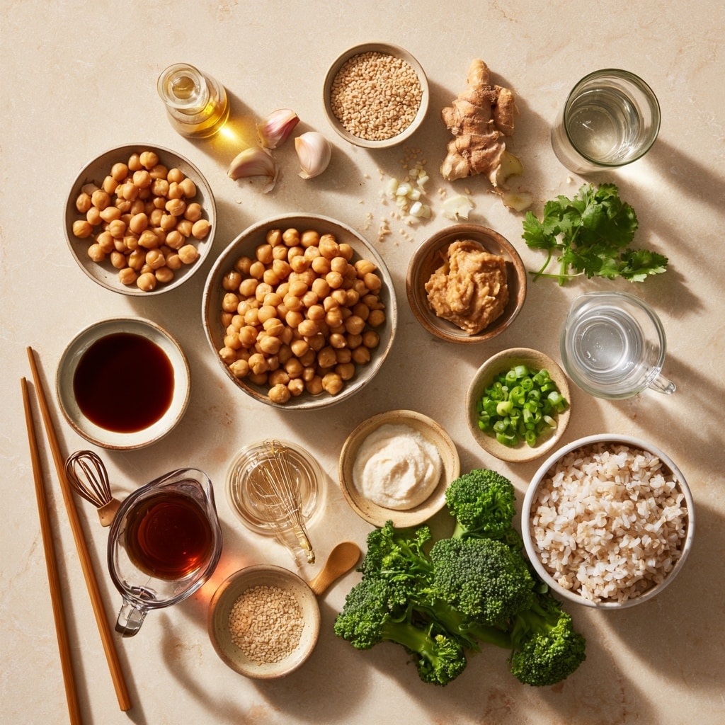 A black bowl holds a dish with three main layers: the bottom layer is light brown thin noodles mostly hidden under the other layers, the middle layer is bright green snap peas and broccoli florets with thin orange carrot strips, and the top layer is a pile of shiny, golden-brown chickpeas coated in sauce and sprinkled with white sesame seeds and chopped green herbs, all on a white marbled surface photo taken with an iphone --ar 4:5 --v 7