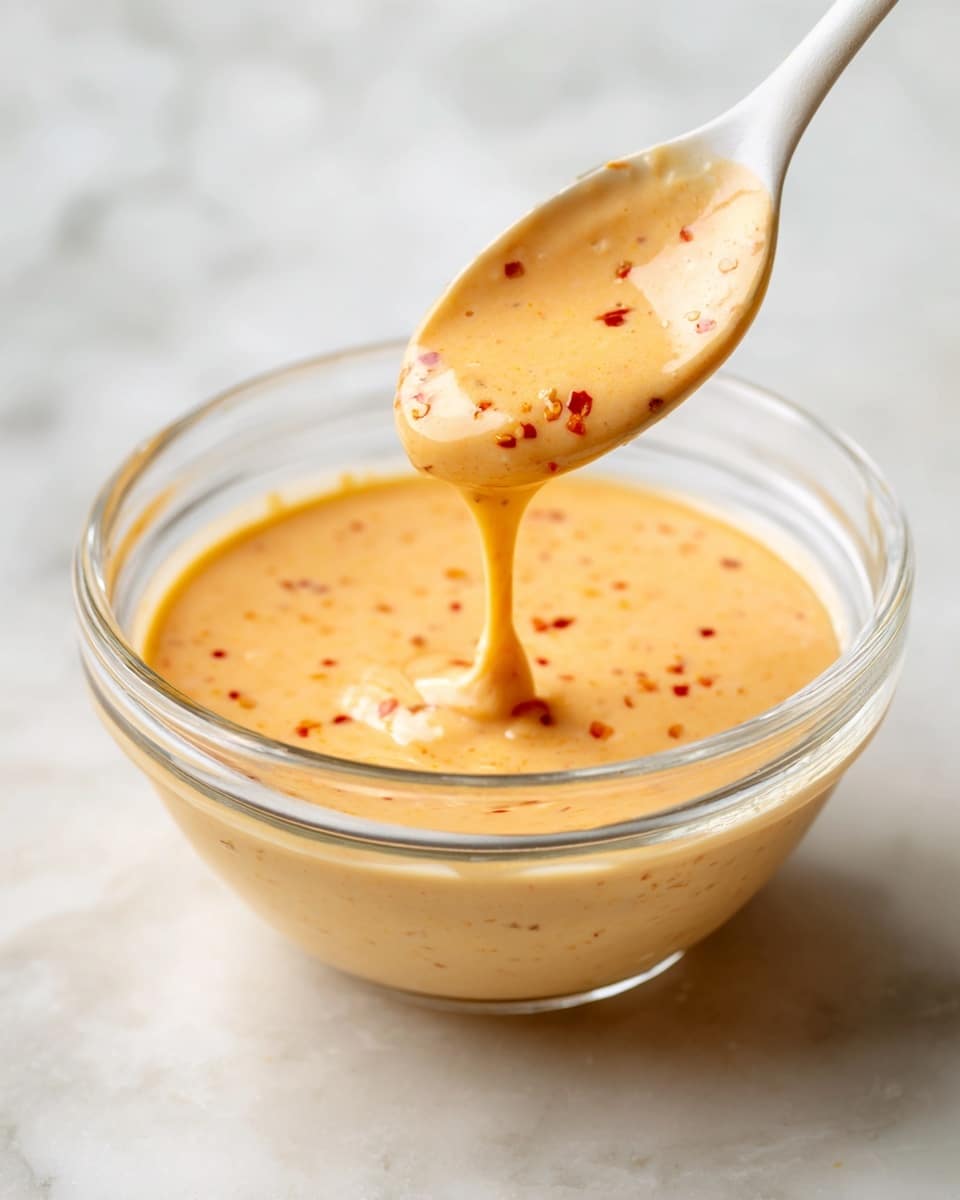 A clear glass bowl filled with a thick, creamy sauce that is light orange with small red specks mixed throughout. A spoon is partially lifted from the bowl, holding some of the smooth sauce that drips slowly back into the bowl. The bowl sits on a white marbled surface, and the spoon has a simple, smooth design. The overall look is clean and neat, focusing on the texture and color of the sauce. Photo taken with an iphone --ar 4:5 --v 7
