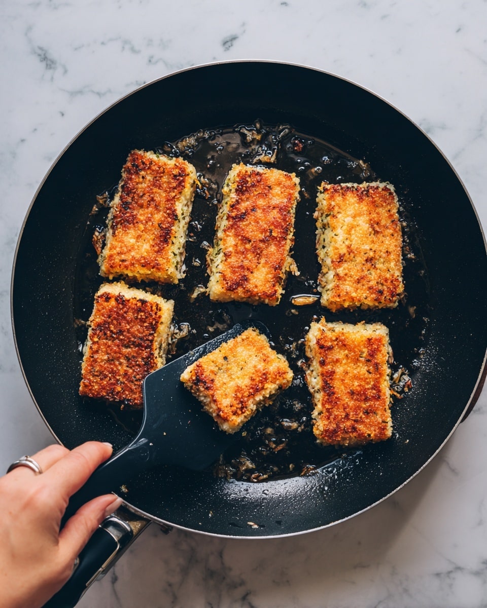 The image shows six rectangular golden-brown pieces of food frying in a black pan. Each piece has a crispy, textured surface with a mix of light and darker brown colors. The pan's shiny black spatula, held by a woman's hand, is lifting one piece slightly, revealing the crispy underside. The inside of the pan has some oil sheen and small crisp bits around the pieces. The background is a white marbled texture. photo taken with an iphone --ar 4:5 --v 7