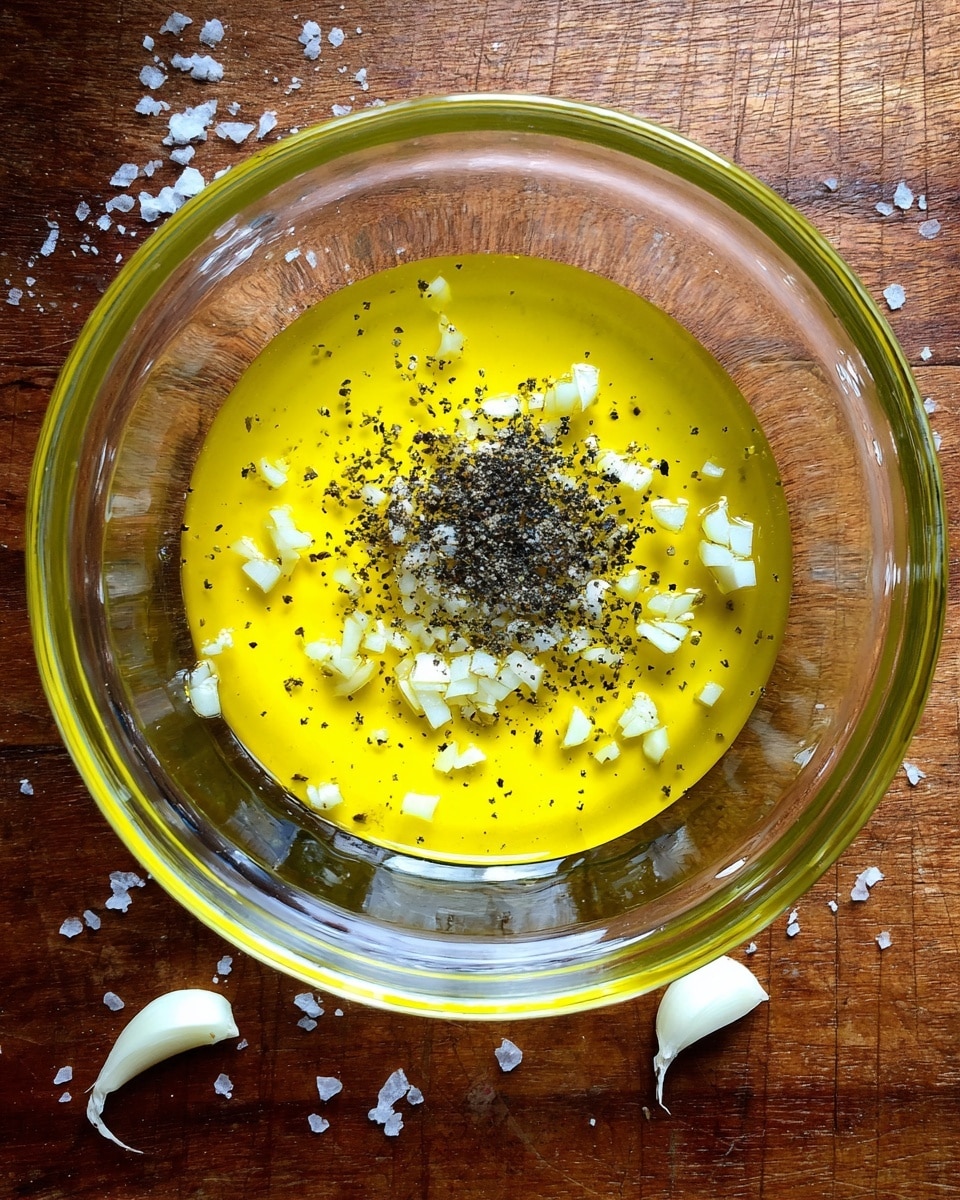 A clear glass bowl filled with a bright yellow layer of olive oil on top, sprinkled in the center with a mound of coarse black ground pepper. Small pieces of chopped white garlic are scattered unevenly around the pepper within the oil. The bowl is placed on a wooden surface with some bits of garlic and salt flakes visible nearby. photo taken with an iphone --ar 4:5 --v 7