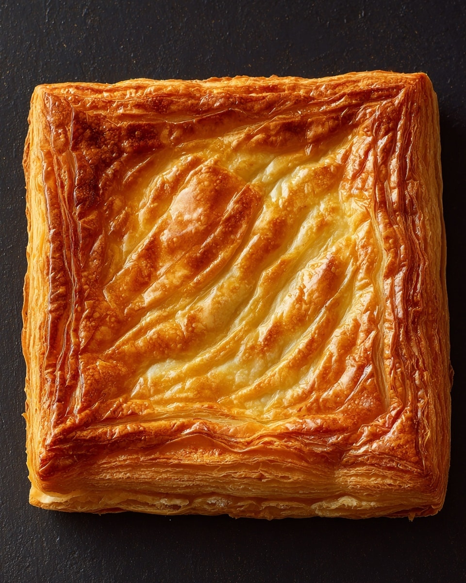 A square-shaped puff pastry pie with multiple thin, golden-brown layers overlapping and puffed up. The pastry has a slightly wrinkled and crispy texture with subtle color variations from light to medium golden tones. The edges are raised and folded neatly, creating a framed border around the flat center layer. The pie rests directly on a dark surface, and no additional garnishes or toppings appear on top. photo taken with an iphone --ar 4:5 --v 7