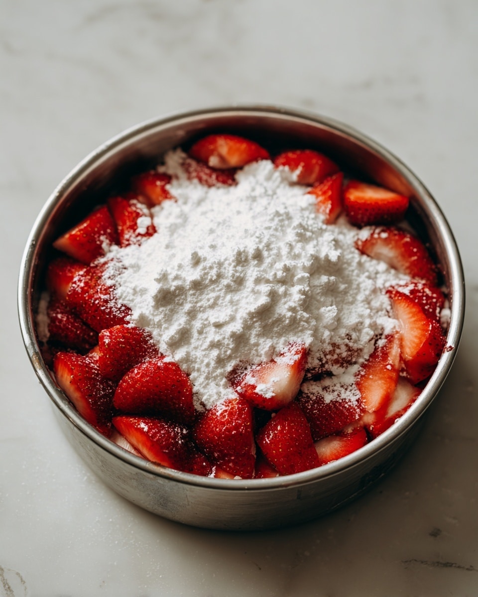A shiny silver metal bowl filled with one layer of bright red sliced strawberries covering the bottom and sides. On top, there is a thick layer of fine white powder, unevenly spread over the strawberries, showing some red fruit peeking through. The bowl sits on a white marbled surface, and the photo has soft lighting that highlights the fresh fruit texture and powder. Photo taken with an iphone --ar 4:5 --v 7