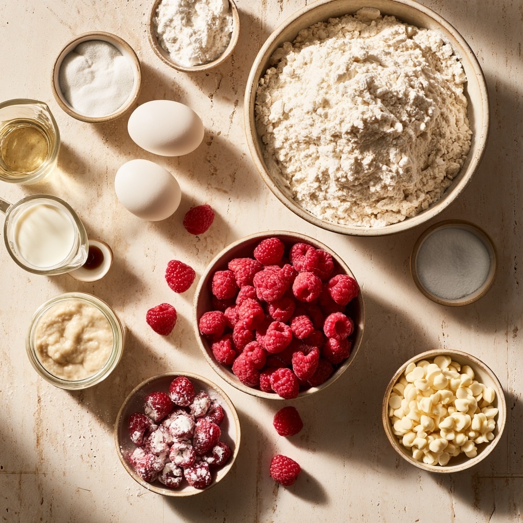The image shows a close-up view of a thick, pale yellow batter with visible small white chunks and red berry pieces mixed inside. The batter is inside a metal bowl on a white marbled surface, with a bright pink spatula stirring it. The texture of the batter is smooth and creamy, with some berry pieces slightly sunk and some more on the surface, giving it a layered look of batter, white chunks, and red berries scattered evenly throughout. photo taken with an iphone --ar 4:5 --v 7