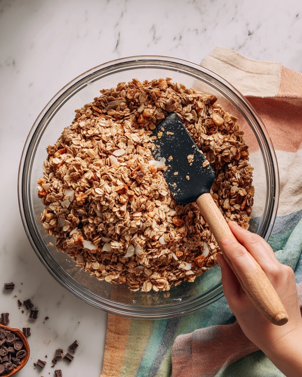 A large clear glass bowl holds a mix of light and medium brown oat clusters with visible small pieces of nuts and coconut flakes, creating a rough and chunky texture. A woman's hand holds a black spatula with a light wooden handle, lifting and mixing the oat mixture from the bowl's right side. The bowl sits on a white marbled surface with a colorful striped cloth partially visible under the bowl and some scattered small chocolate chips near the bottom left corner of the image. The scene is bright and softly lit, highlighting the grainy, crumbly texture of the oats and nuts. photo taken with an iphone --ar 4:5 --v 7