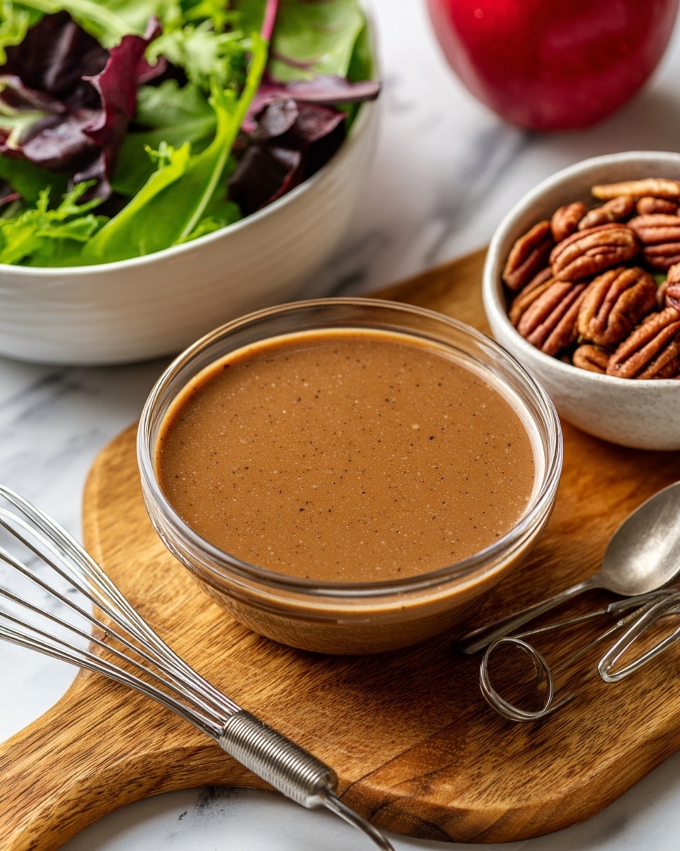 The image shows a clear glass bowl filled with a smooth brown dressing that has a slightly shiny surface. The bowl is on a wooden board, next to two small metal measuring spoons and a metal whisk with thin wires. To the left, part of a white bowl filled with fresh green and purple leafy salad can be seen. In the top right corner, there is a white bowl with whole pecan nuts, and a red apple is partly visible on the white marbled surface. photo taken with an iphone --ar 4:5 --v 7