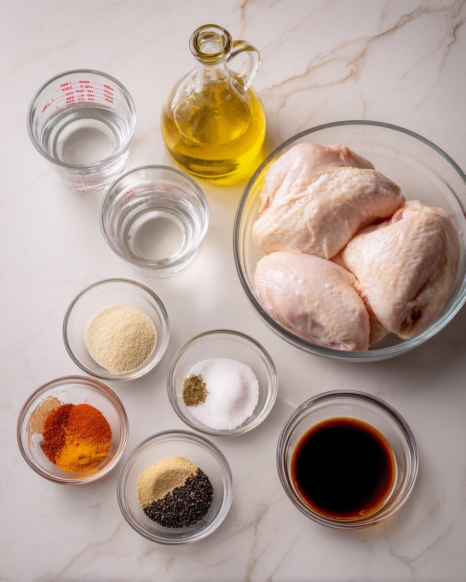 The image shows a white marbled surface with six glass containers arranged neatly. On the top right, there is a large clear glass bowl holding two pale pink raw chicken pieces. To the left of the bowl, there are two measuring cups filled with clear liquids, likely water. One is slightly bigger than the other. Behind these is a glass bottle with yellow olive oil. In front of the pitcher cups, there are two smaller glass bowls: the one on the left contains various dry spices in sections including white, black, orange, and beige powders, while the bowl on the right has a dark brown liquid, possibly soy sauce. All items are placed in a clean, organized way, emphasizing the ingredients. Photo taken with an iphone --ar 4:5 --v 7