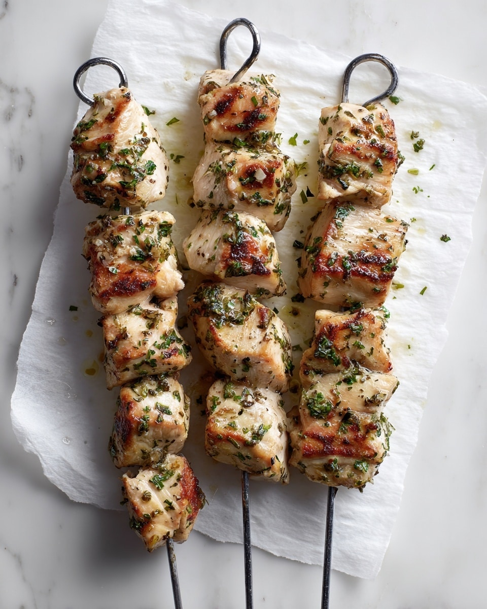 Three black metal skewers with looped ends hold pieces of raw marinated chicken, each piece light beige with pink touches and sprinkled with green herbs, arranged evenly along the skirted length. The skewers rest horizontally on white parchment paper, which is spread over a white marbled surface. The chicken pieces show a soft texture with subtle seasoning visible on them, and the overall scene suggests preparation for grilling or cooking. The colors are natural and muted, mainly light beige, pale pink, and green herbs against the crisp white background. Photo taken with an iphone --ar 4:5 --v 7