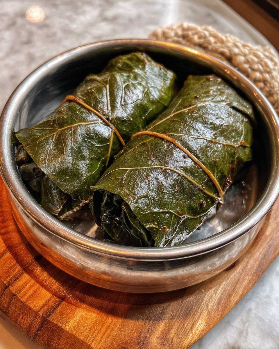 Two dark green large leaves wrapped tightly with a textured surface showing some brown spices on them, placed side by side in a round shiny silver metal bowl. The bowl is set on a white marbled textured surface with a warm wooden board partially visible underneath. The leaves look cooked with slight creases and shine on them. Photo taken with an iphone --ar 4:5 --v 7