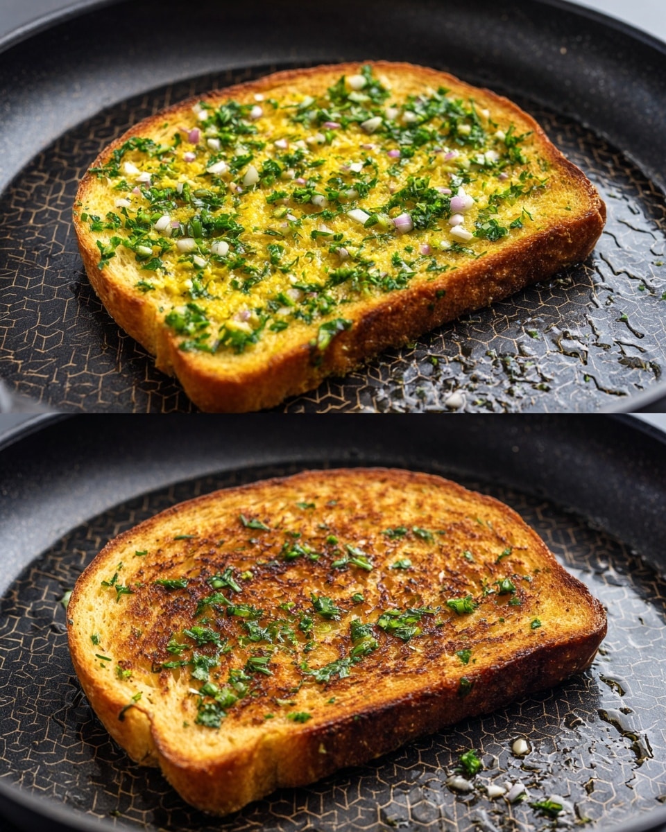 A single slice of light brown bread is frying in a black pan with a hexagon pattern. The bread is topped with a yellow spread mixed with small pieces of green herbs, finely chopped red onion bits, and small white chunks, evenly spread across the surface. In the second image, the same slice of bread has browned nicely with darker toasted spots and the green herbs are more visible on the crispy top layer, showing a golden and slightly crunchy texture. The pan has a smooth and clean look, with slight oil glistening around the bread. Photo taken with an iphone --ar 4:5 --v 7