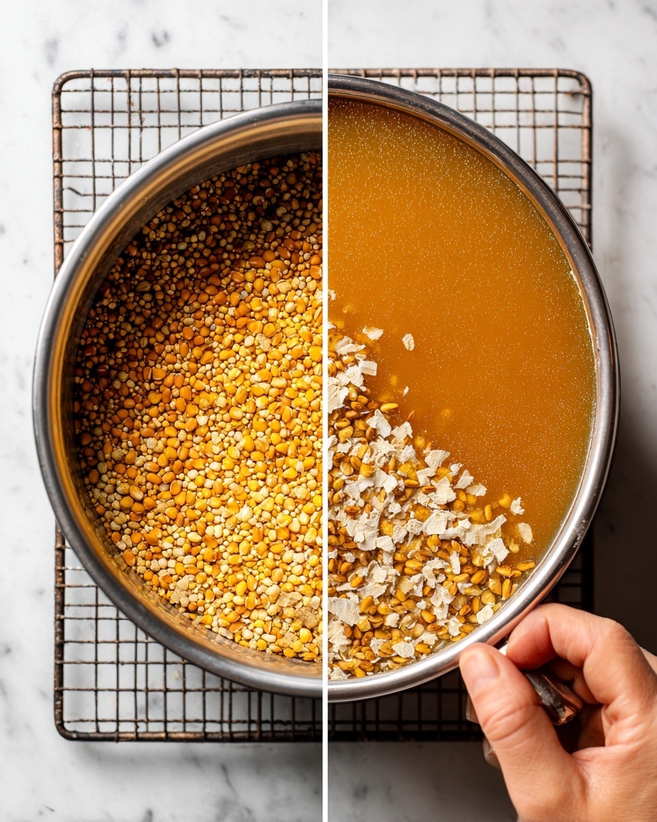 The image shows two side-by-side photos numbered 1 and 2. On the left, a metal pot contains a mix of dry grains and legumes with varied textures and colors, mainly golden yellow and white round grains, along with some beige flakes. On the right, a woman's hand is holding the pot and pouring a light brown liquid with floating seeds and grains onto a metal wire rack above a white marbled surface. The liquid looks smooth and thin, while the solid pieces rest on top. The scene is bright and clear, highlighting the textures and movement. Photo taken with an iphone --ar 4:5 --v 7