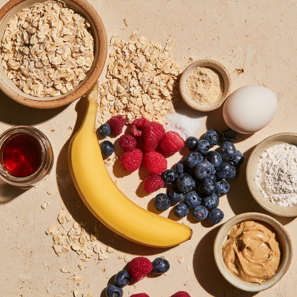 The image set shows four stages of making a blended mixture inside a clear blender jar placed on a white marbled surface. In the first frame, there is one layer of dry rolled oats at the bottom with a light beige color and rough texture. The second frame adds a second layer of two peeled bananas lying side by side, which are light yellow with soft texture, along with a golden liquid adding a sticky texture below the bananas. The third frame introduces a third layer of white powder sprinkled on top of the bananas and liquid. The fourth frame shows a smooth golden-yellow blended mixture with a creamy texture filling the jar. Photo taken with an iphone --ar 4:5 --v 7