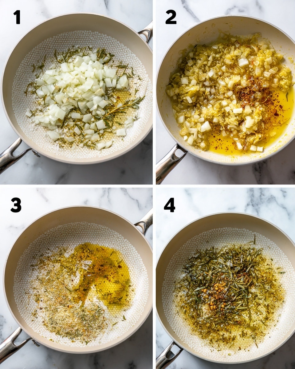 The image shows a white metal pan with a honeycomb texture inside on a white marbled surface, divided into four parts. The first part (number 5) shows a thick layer of chopped white onions with some green leaves in hot oil, creating a shiny layer at the base. The second part (number 6) shows the onions are cooked and turned yellow with mixed spices, the green leaves still visible. The third part (number 7) shows another layer added on top, consisting of small white cubes and a sprinkle of salt and pepper, all mixed slightly with the yellow onions. The last part (number 8) shows the mixture cooked together, the yellow onions and white cubes softened, with green leaves and spices evenly spread. photo taken with an iphone --ar 4:5 --v 7
