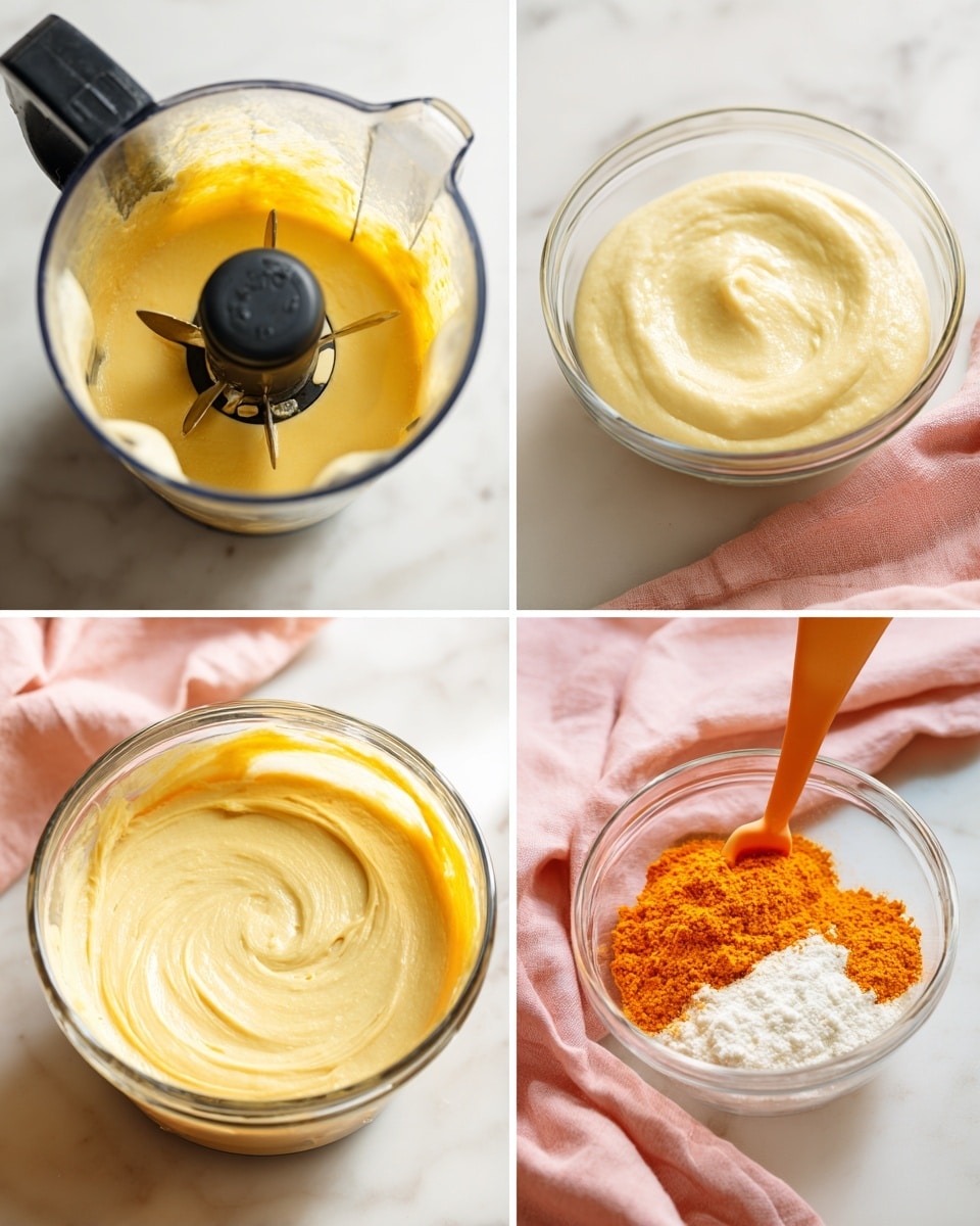 In the first image, a transparent blender jar filled with a creamy yellow mixture is shown with a black lid and blades inside, set on a white marbled surface with soft natural light coming from a window behind. The second image shows a clear glass bowl on the same white marbled surface, filled with a smooth, pale yellow batter, evenly spread inside. The third image presents the same clear bowl and batter but now with bright orange powder and white powder added on top, not yet mixed, sitting on the white marbled surface with a pink cloth nearby. The fourth image captures the same bowl and thick yellow batter being stirred gently with an orange spatula, creating soft swirls, all placed on the white marbled background with the pink cloth partially visible. Photo taken with an iphone --ar 4:5 --v 7