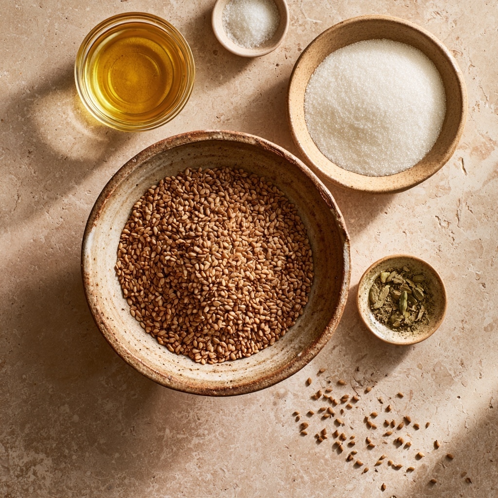 A silver pan filled with small, light brown sesame seeds that cover the entire bottom of the pan in an even layer. A long, slender wooden spoon with a smooth texture rests diagonally across the pan, its rich brown color contrasting with the pale seeds. The pan sits on a white marbled surface, adding a clean and bright background to the scene. Photo taken with an iphone --ar 4:5 --v 7