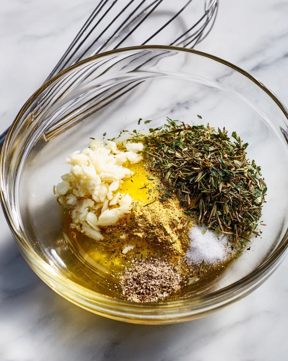 A clear glass bowl sits on a white marbled surface, containing several layers of ingredients: minced white garlic at the bottom, a yellowish dollop of mustard, a pool of light golden olive oil, a heap of dried green herbs on the right, and a mix of ground black pepper and coarse salt on the left. A silver whisk rests beside the bowl on the surface. photo taken with an iphone --ar 4:5 --v 7
