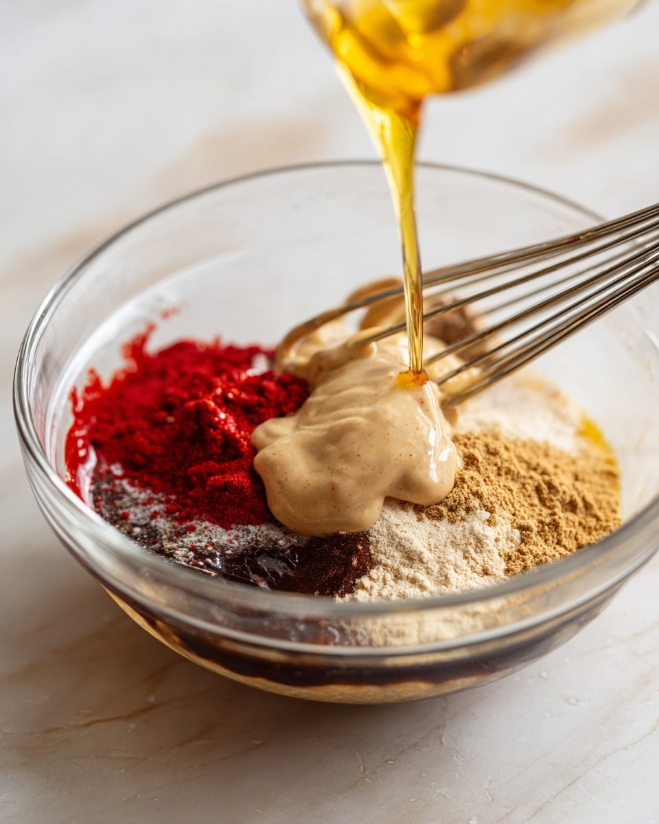 A clear glass bowl sits on a white marbled surface, filled with several layers of ingredients ready to be mixed: a dark brown liquid layer at the bottom, topped with a dollop of creamy light tan spread, a bright red sauce next to it, some light brown powder sprinkled nearby, and golden honey being poured slowly from a yellow container above, all creating a visually rich mix of colors and textures. A metal whisk rests on the right side of the bowl, slightly out of focus. photo taken with an iphone --ar 4:5 --v 7