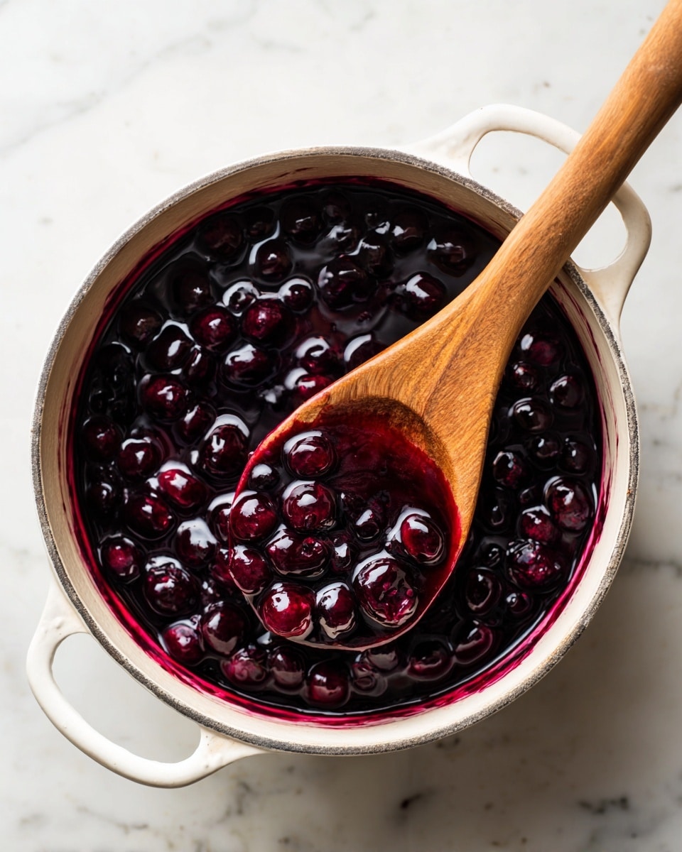 A white pot filled with dark purple blueberry sauce with whole blueberries visible throughout. A wooden spoon is resting inside the pot, coated with the thick, shiny sauce, showing a mix of dark purple and red hues. The pot is placed on a white marbled surface, giving a clean and bright background. Photo taken with an iphone --ar 4:5 --v 7