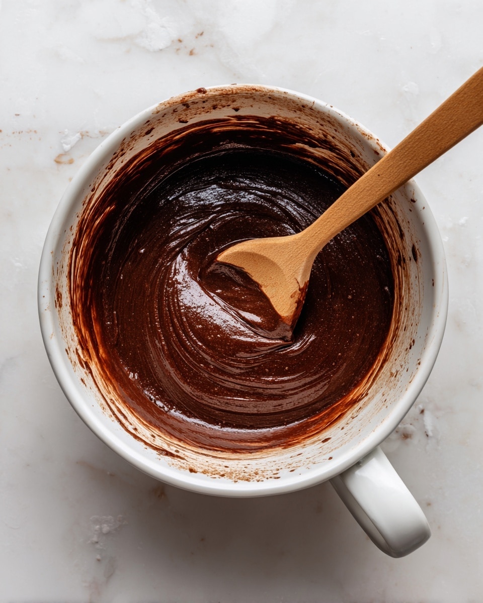 A thick, dark brown chocolate batter with a smooth and slightly shiny texture sits inside a white bowl with a handle. A wooden spoon is partly dipped into the batter, showing swirls and folds as if it has just been stirred. The inside of the bowl has streaks of chocolate batter smeared around the sides. The bowl is placed on a white marbled surface. photo taken with an iphone --ar 4:5 --v 7
