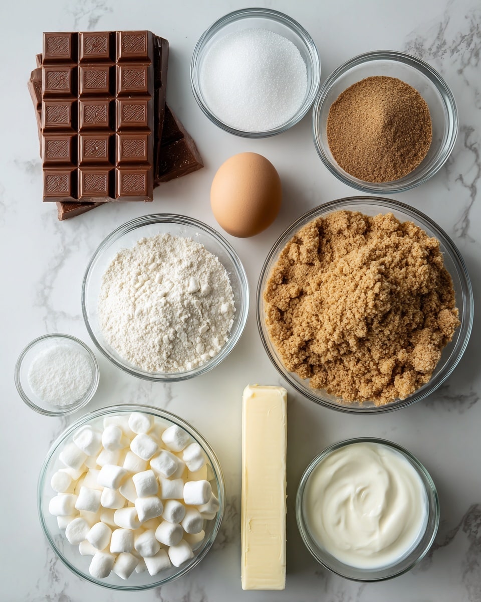 The image shows a white marbled surface with several ingredients placed neatly. There are three milk chocolate bars stacked on the top left, next to small glass bowls containing white sugar and brown sugar. Below these, there is a single brown egg positioned between a small bottle of vanilla and a bowl filled with mini white marshmallows. On the lower left, there are two larger glass bowls; one with white flour and another with crushed graham crackers, while a stick of salted butter sits to the right of the graham crackers. A small container of white yogurt or sour cream is placed next to the flour. The scene is bright and clean with all items arranged carefully in a minimalistic style, photo taken with an iphone --ar 4:5 --v 7