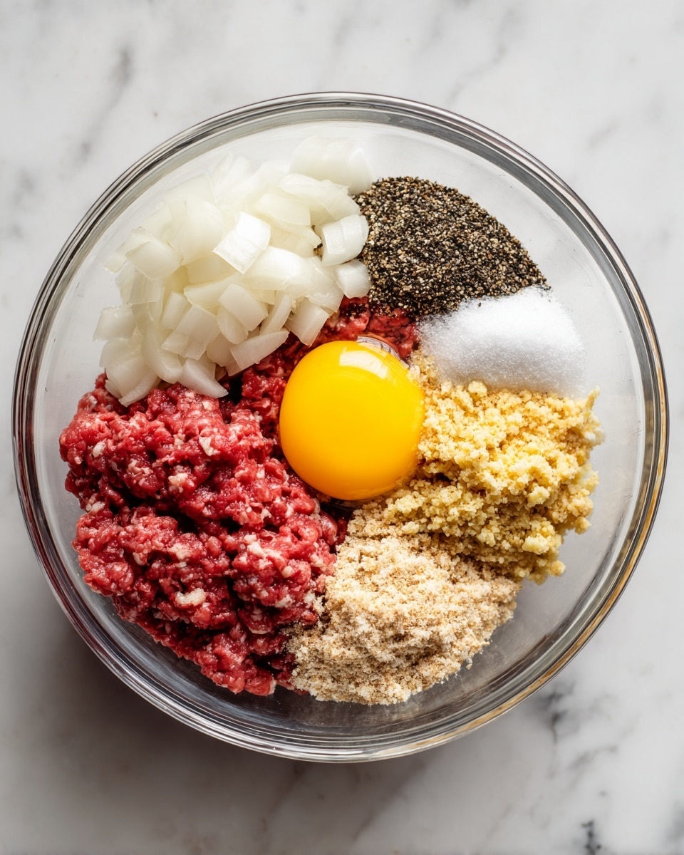 In a clear glass bowl placed on a white marbled surface, there are six separate layers of ingredients before mixing. The bottom left side holds small white onion pieces with a slightly translucent texture. Just above the onions, there is a pile of dark black pepper next to a small heap of white salt. Below these spices is a clump of minced garlic with an off-white color and rough texture. On the left side, a large portion of raw red ground meat forms the bottom base layer. On the bottom right, there is a tan-colored layer of breadcrumbs covered partly by a bright yellow egg yolk sitting on clear egg white liquid. Photo taken with an iphone --ar 4:5 --v 7
