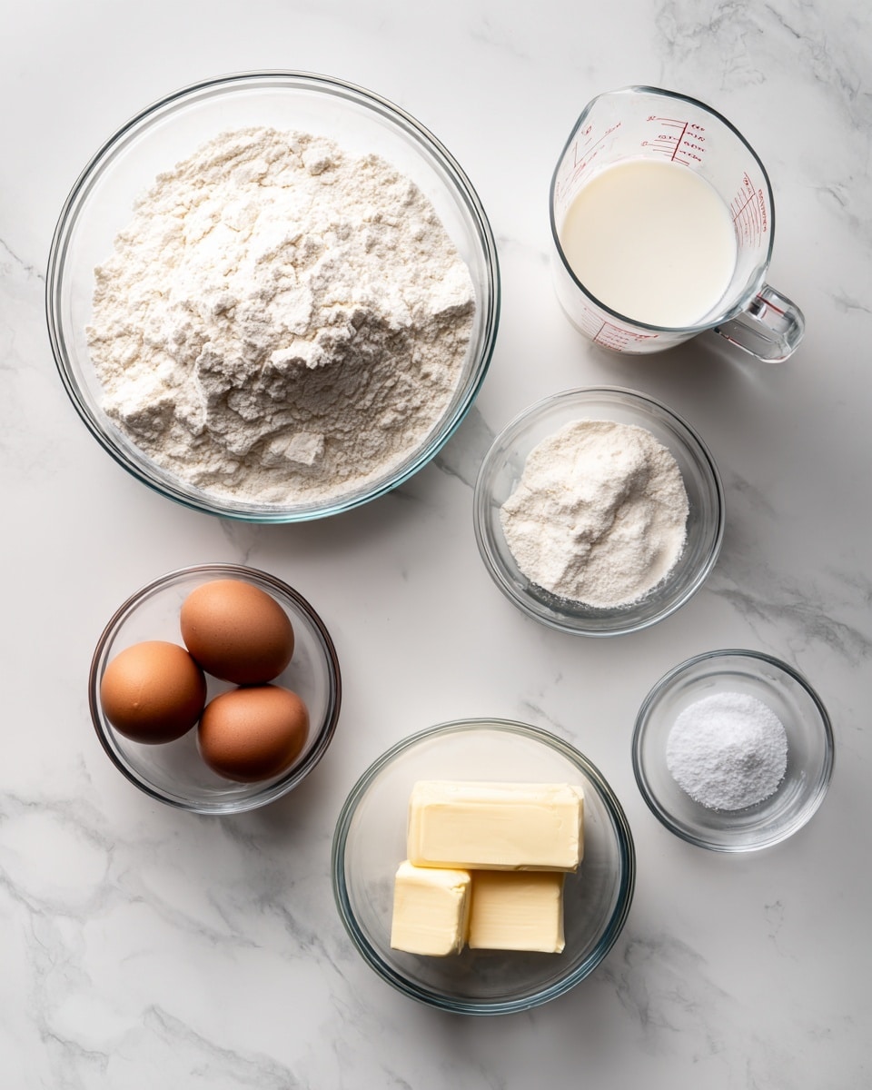 The image shows five clear glass bowls and a measuring cup placed on a white marbled surface. The largest bowl contains a mound of white flour with a rough texture. A smaller bowl holds three brown and two white eggs with smooth shells. Another small bowl has two pale yellow rectangular pieces of butter. The glass measuring cup contains a white liquid, likely milk, with measurement marks on its side. The final small bowl is empty, possibly for salt or another ingredient. All items are neatly arranged in an organized layout. photo taken with an iphone --ar 4:5 --v 7