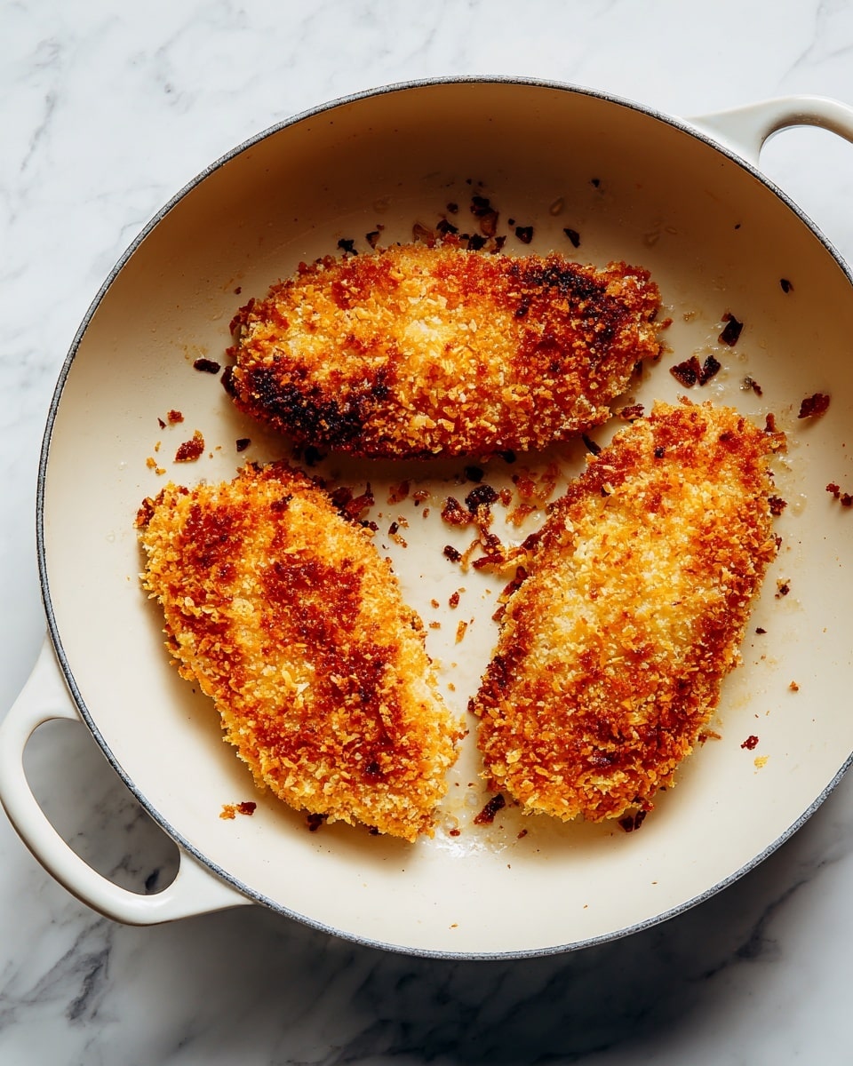 The image shows three golden brown breaded pieces frying in a white pan with two handles, placed on a white marbled surface. Each piece has a crispy, textured coating with uneven brown spots indicating they are lightly fried. The white pan has a smooth, light interior which contrasts with the rich, warm color of the fried pieces. Small crumbs and bits are scattered between the pieces, adding to the sense of a fresh cooking process. photo taken with an iphone --ar 4:5 --v 7