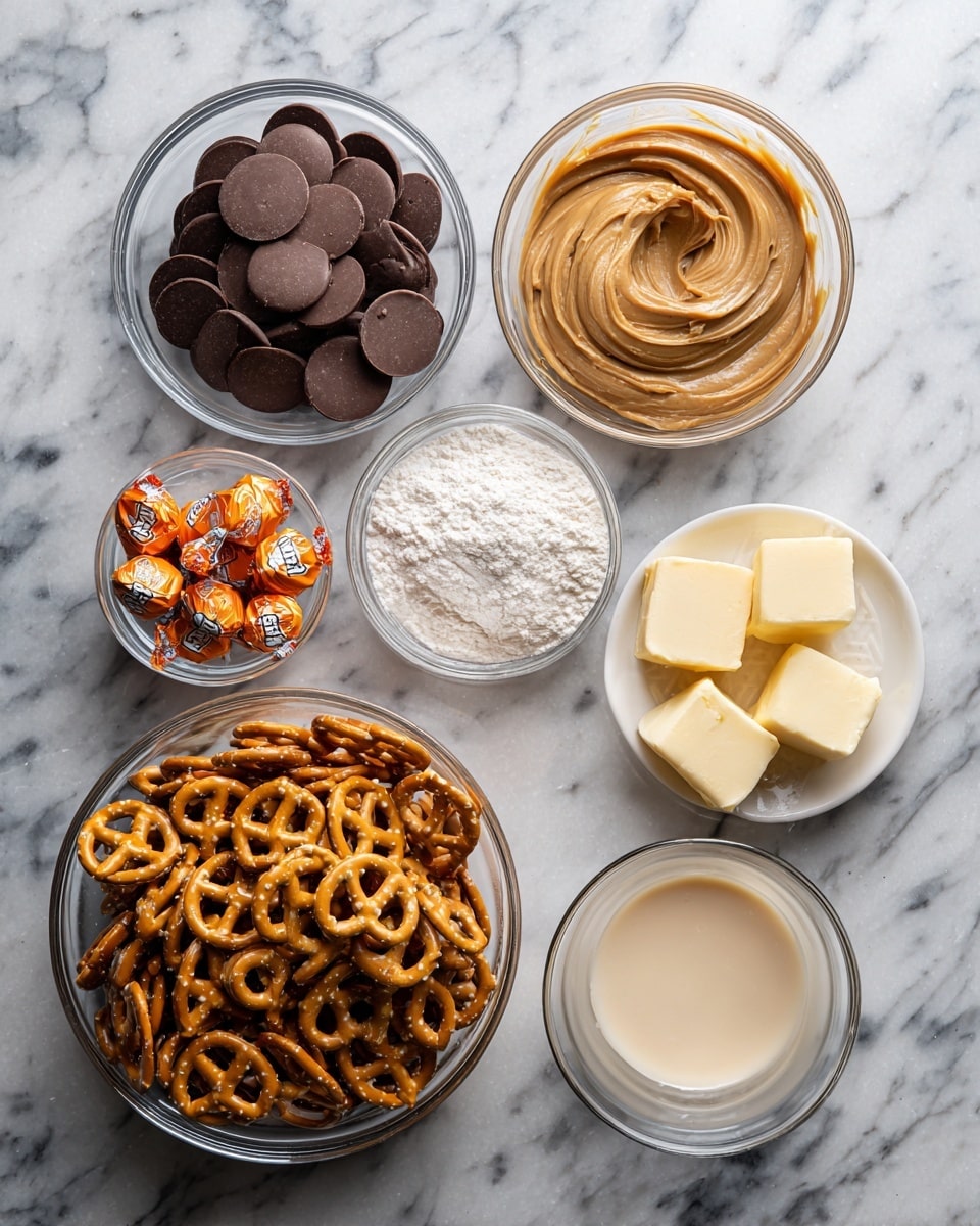 The image shows a white marbled surface with eight clear glass bowls and a small white dish arranged neatly. In the top left is a bowl filled with dark brown chocolate discs, next to it on the right is a bowl of light brown peanut butter. Below the peanut butter bowl is a bowl of white powdered sugar. At the far left under the chocolate discs are several wrapped caramel candies with an orange wrapper. In the center is a large bowl filled with golden brown square pretzels with holes. To the right of the pretzels is a small clear bowl with light creamy liquid, and near the center bottom is a small empty clear bowl. Between the pretzels and chocolate discs is a small white dish with two pieces of pale yellow butter. photo taken with an iphone --ar 4:5 --v 7