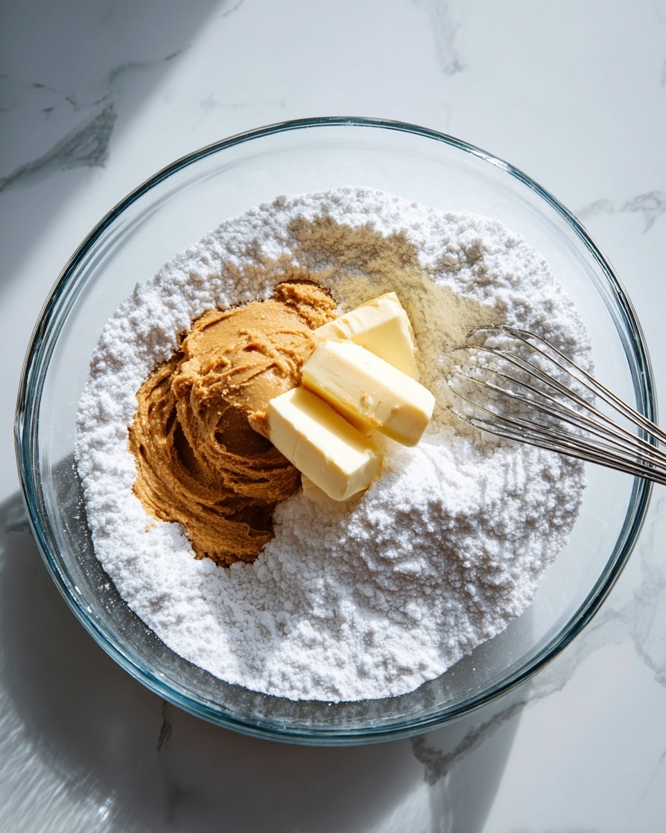 A clear glass bowl is placed on a white marbled surface, filled with three different ingredients arranged in separate sections: white powdered sugar forming a ring around the edge, a medium brown peanut butter thickly spread in the center, and two light yellow blocks of butter resting on top of the peanut butter. Two silver metal whisks are partially visible inside the bowl, positioned on the right side, ready to mix the ingredients. The light from above softly highlights the smooth and powdery textures of the contents. photo taken with an iphone --ar 4:5 --v 7