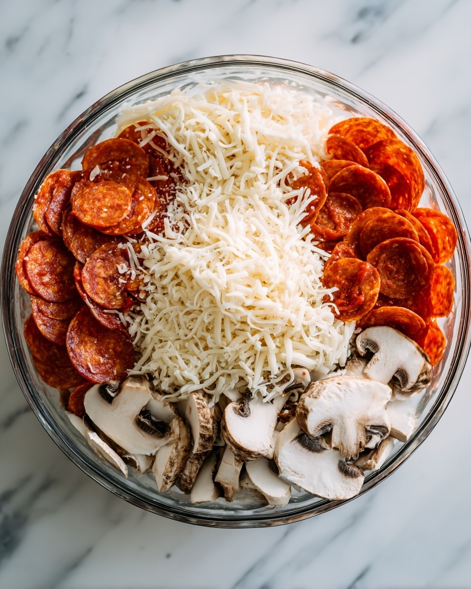 A clear glass bowl on a white marbled surface holds four distinct layers of pizza ingredients arranged in sections: the top right shows a pile of red-orange pepperoni slices, the bottom right has thick white mushroom pieces, the left side is filled with a mound of shredded white mozzarella cheese, and beneath all these, glimpses of smooth, rich red tomato sauce can be seen. photo taken with an iphone --ar 4:5 --v 7