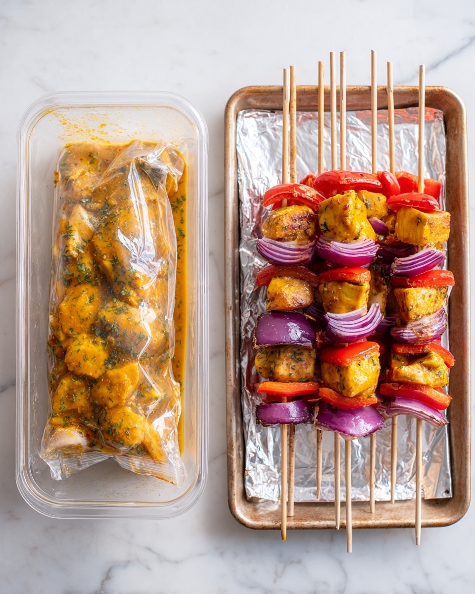 The image on the left shows two clear plastic bags filled with pieces of chicken marinating in an orange-yellow sauce with herbs, placed inside a transparent rectangular container on a white marbled surface. The image on the right shows five wooden skewers arranged vertically on a baking tray lined with silver foil. Each skewer has layers starting with chunks of golden-yellow chicken pieces, followed by bright red bell pepper slices, and purple onion slices, repeating this pattern until the skewer is full. The colors are vibrant against the silver foil and the white marbled surface. photo taken with an iphone --ar 4:5 --v 7