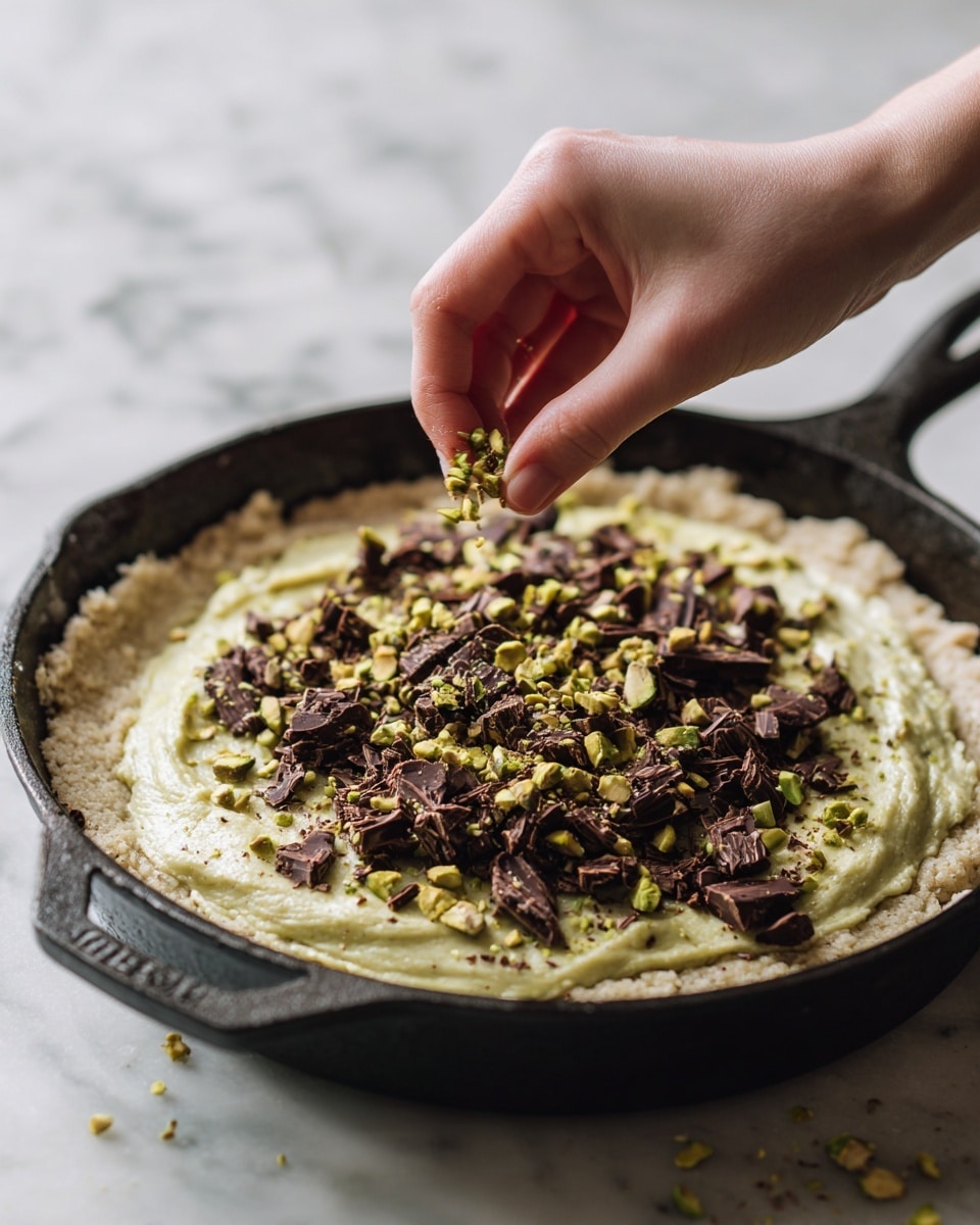 A black skillet holds a layered dessert with a smooth, light green base layer topped with a rough-textured beige dough layer. Scattered on top are chunky dark brown chocolate pieces and small green pistachio bits. A woman's hand is seen sprinkling some of the green pistachios on the surface. The skillet sits on a white marbled textured surface. photo taken with an iphone --ar 4:5 --v 7