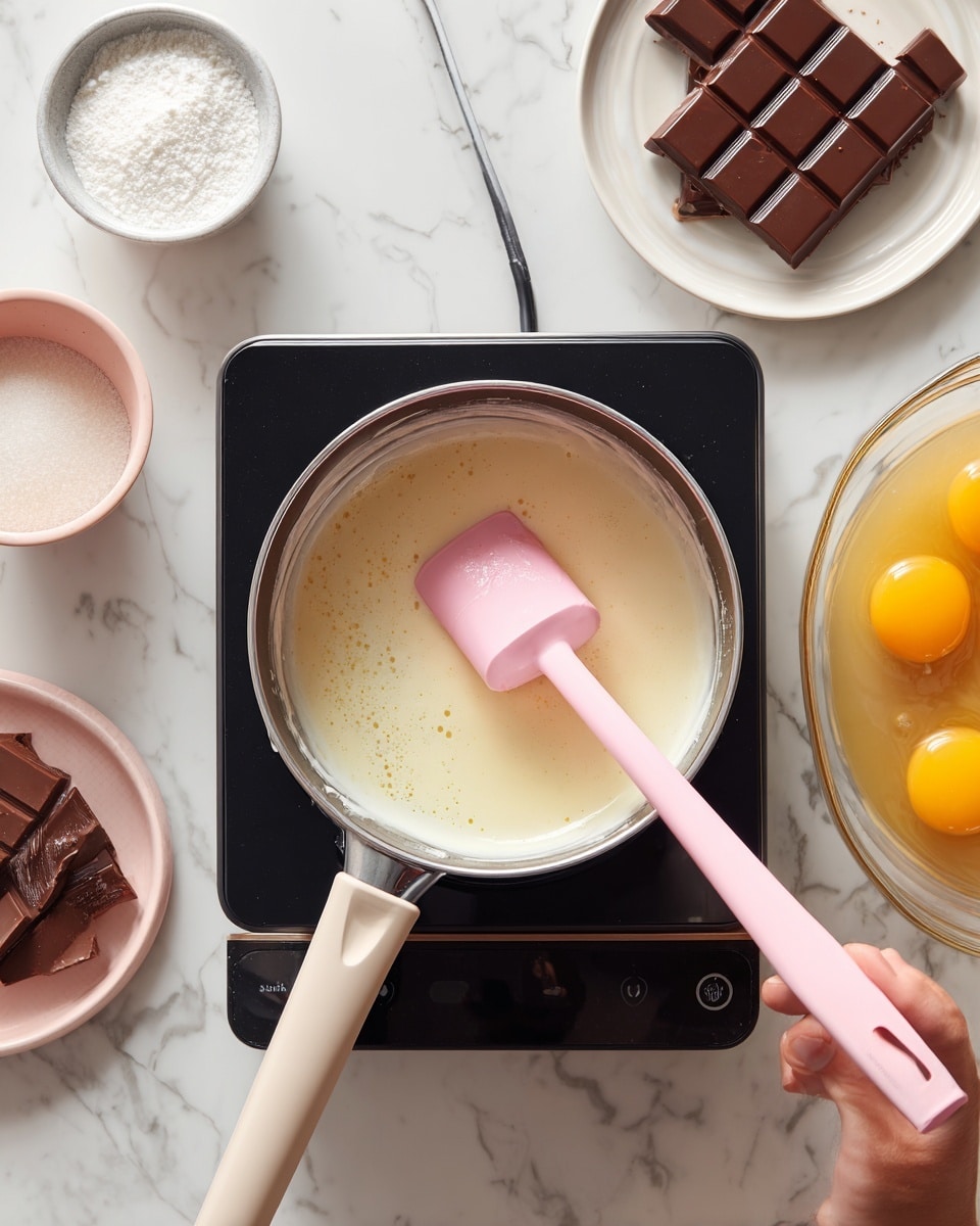 A top view shows a glass pot with light cream-colored mixture inside being stirred by a pink spatula with a light cream handle, positioned on a black electric stove. To the left of the stove, there is a small round bowl filled with white sugar and a white plate holding chunks of milk chocolate. To the right, there is a glass bowl containing three yellow egg yolks. Everything is set on a white marbled surface. photo taken with an iphone --ar 4:5 --v 7