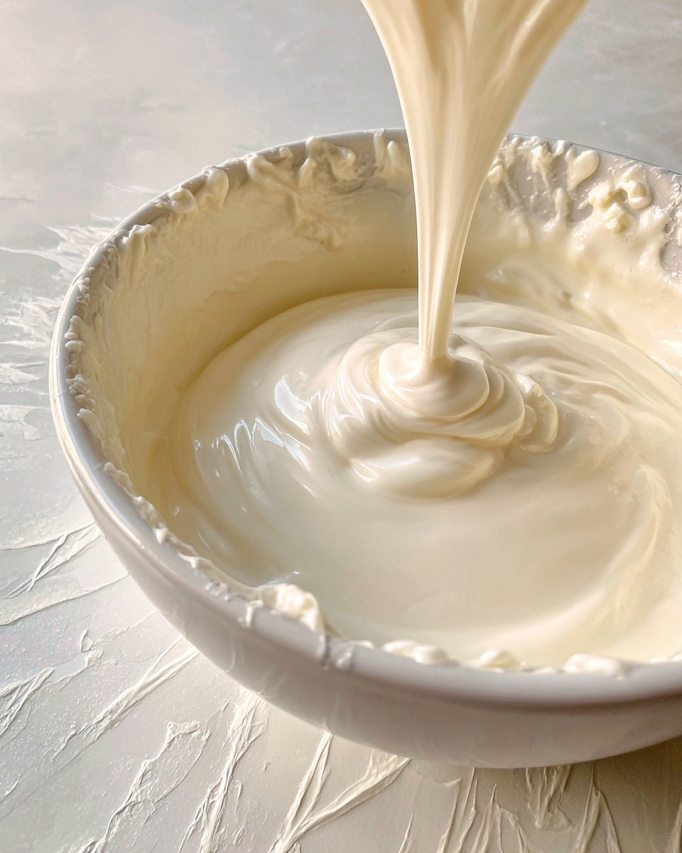 A close-up of a white bowl filled with a thick, creamy white substance that is being poured in. The creamy layer has a smooth, soft texture with small peaks and flows gently from above into the bowl, forming a slightly raised middle layer. The background and surface around the bowl are white with a marbled texture. Photo taken with an iphone --ar 4:5 --v 7