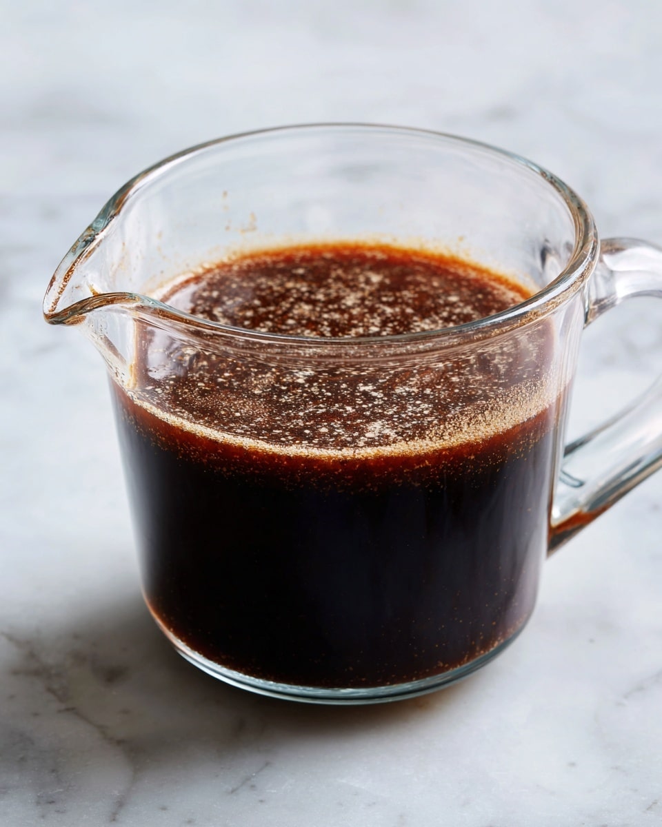 A clear glass measuring cup filled with a dark brown sauce that has small light brown bits spread evenly throughout. The cup has a simple handle and a small spout on one side. It is placed on a white marbled surface which contrasts with the deep color of the sauce inside. The sauce looks thick and textured, filling the cup close to the top. Photo taken with an iphone --ar 4:5 --v 7